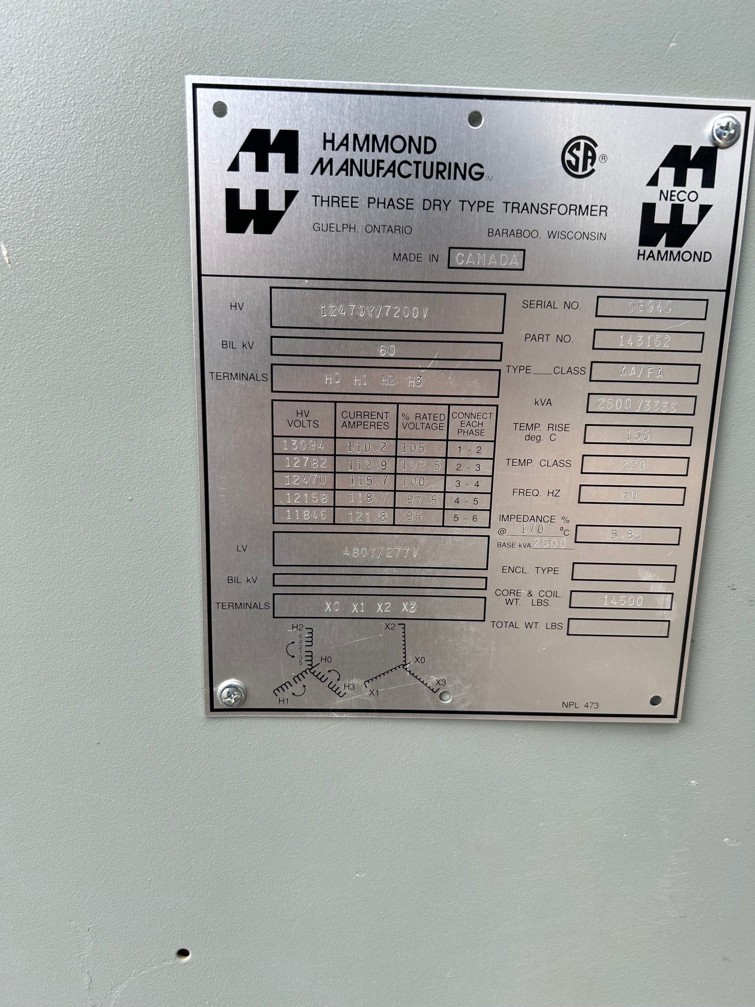 Hammond Transformer 143152 2500/3333KVA 60Hz 3Ph Used