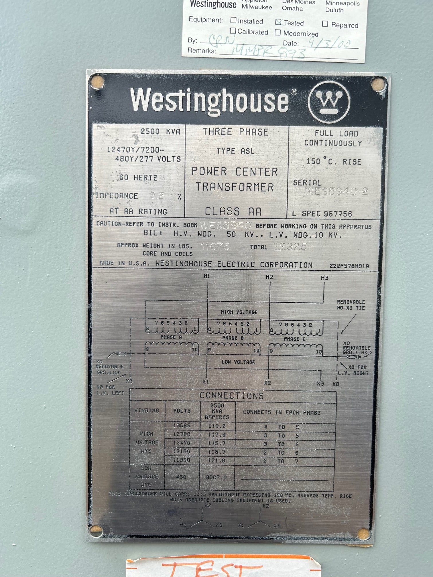 Westinghouse Transformer 2500 KVA High Volt: 12470Y/7200V 60Hz 3Ph Used