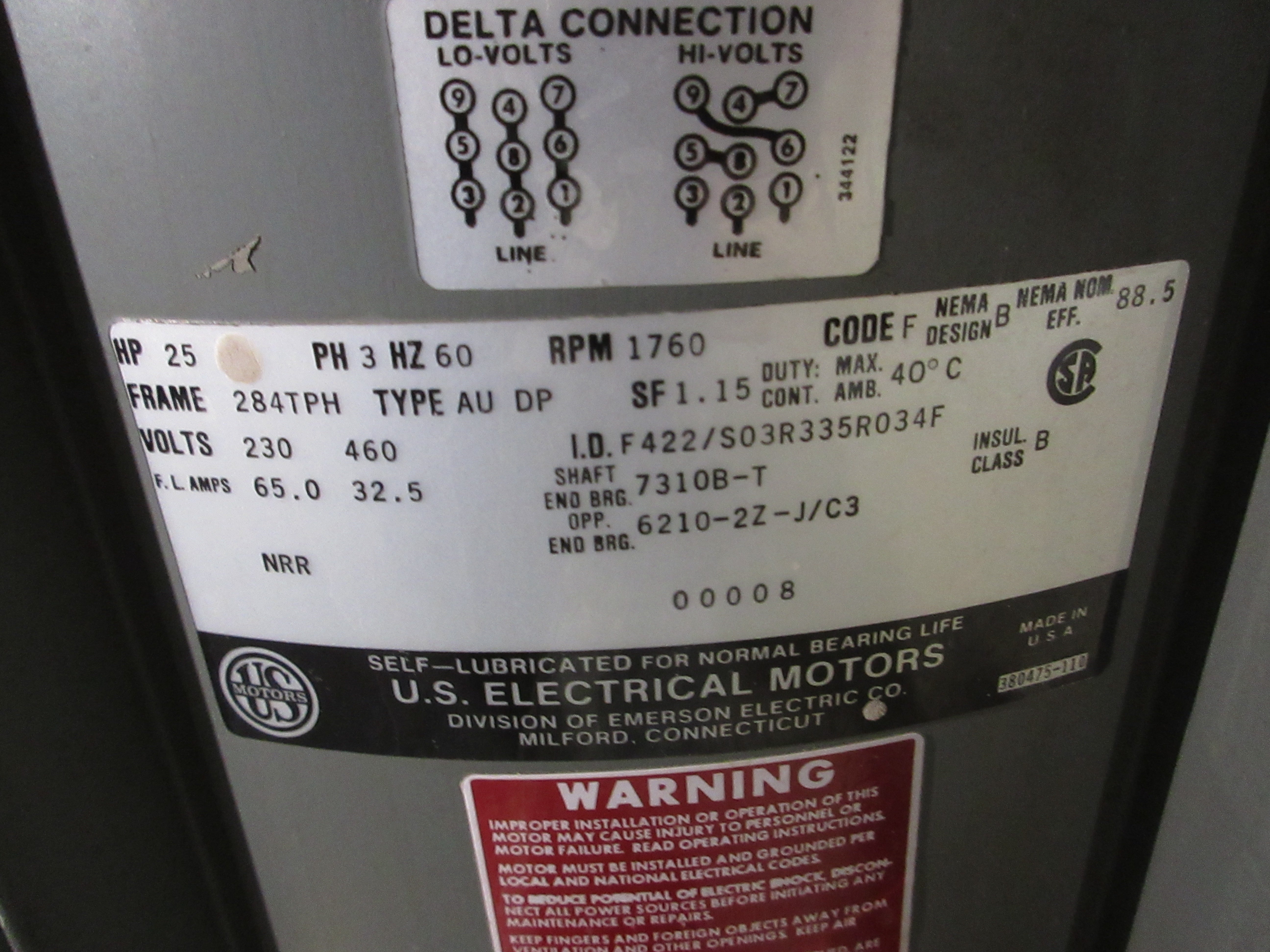 U.S. Motors Vertical Motor F422/S03R335R034F 25HP 1800RPM 230/460V 60Hz 3Ph Used