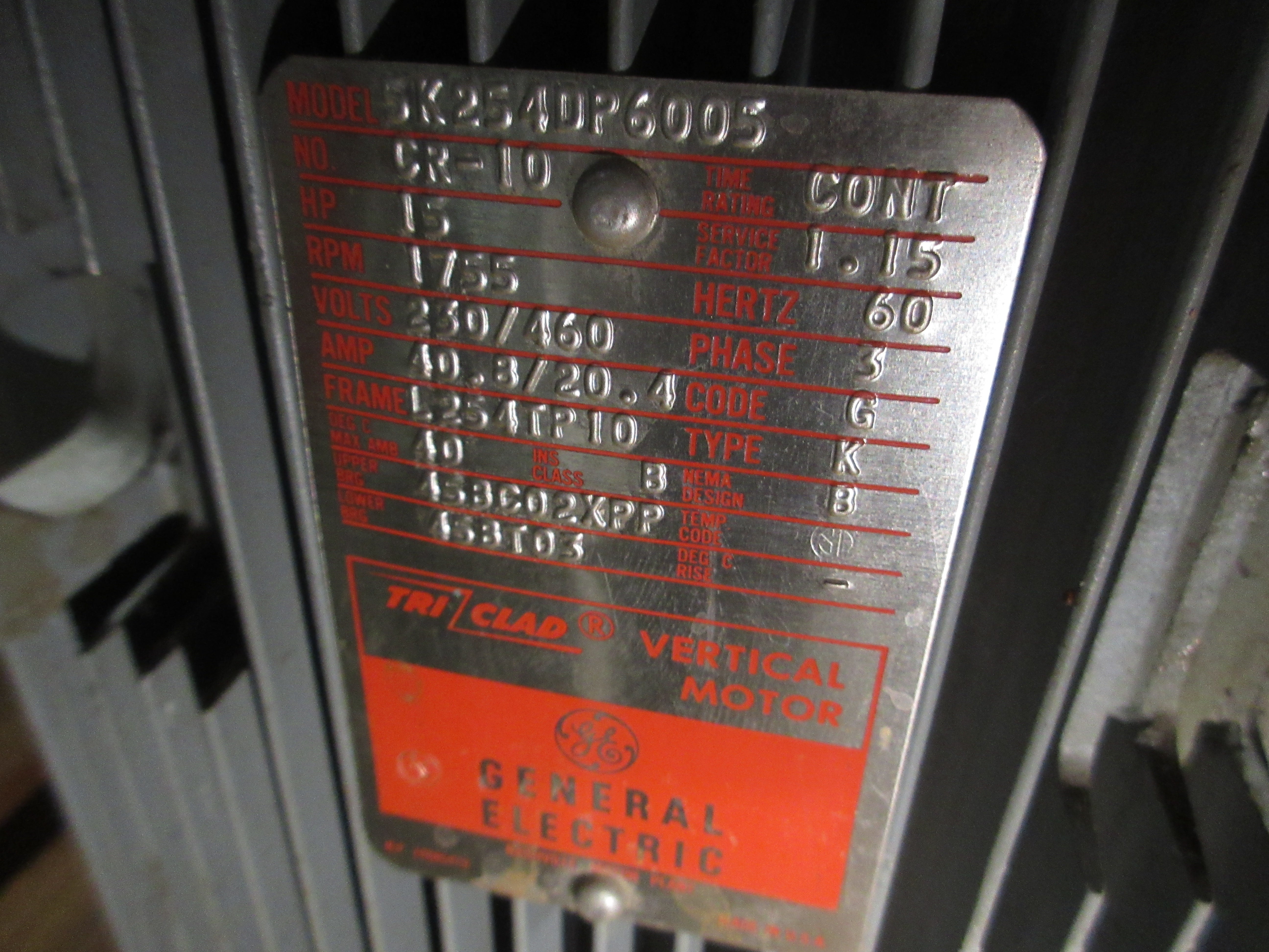 GE Vertical Motor 5K254DP6005 15HP 1800RPM 230/460V 40.8/20.4A 60Hz 3Ph Used