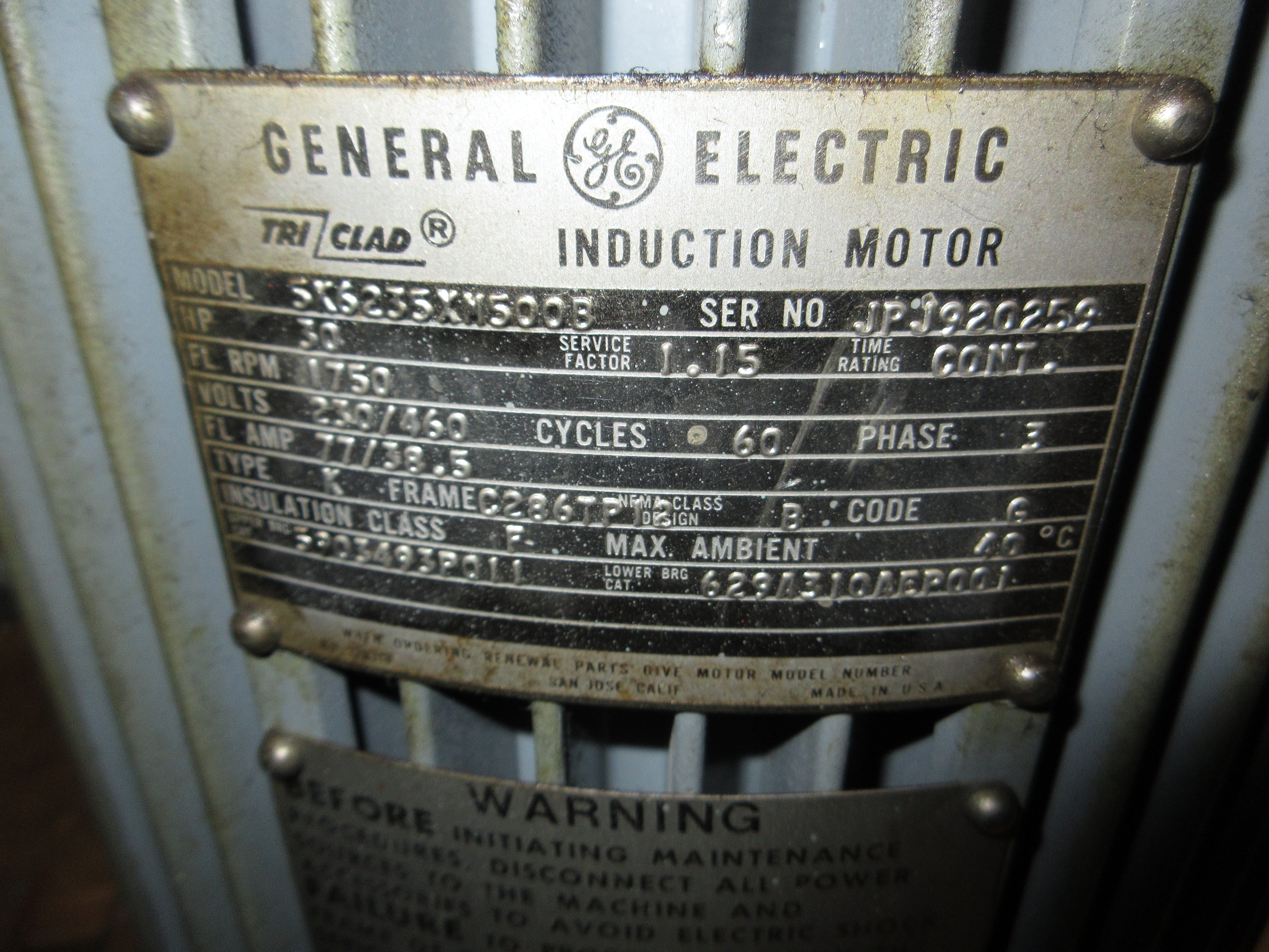 GE Vertical Motor 5K6235XM500B 30HP 1800RPM 230/460V 77/38.5A 3Ph 60Hz Used