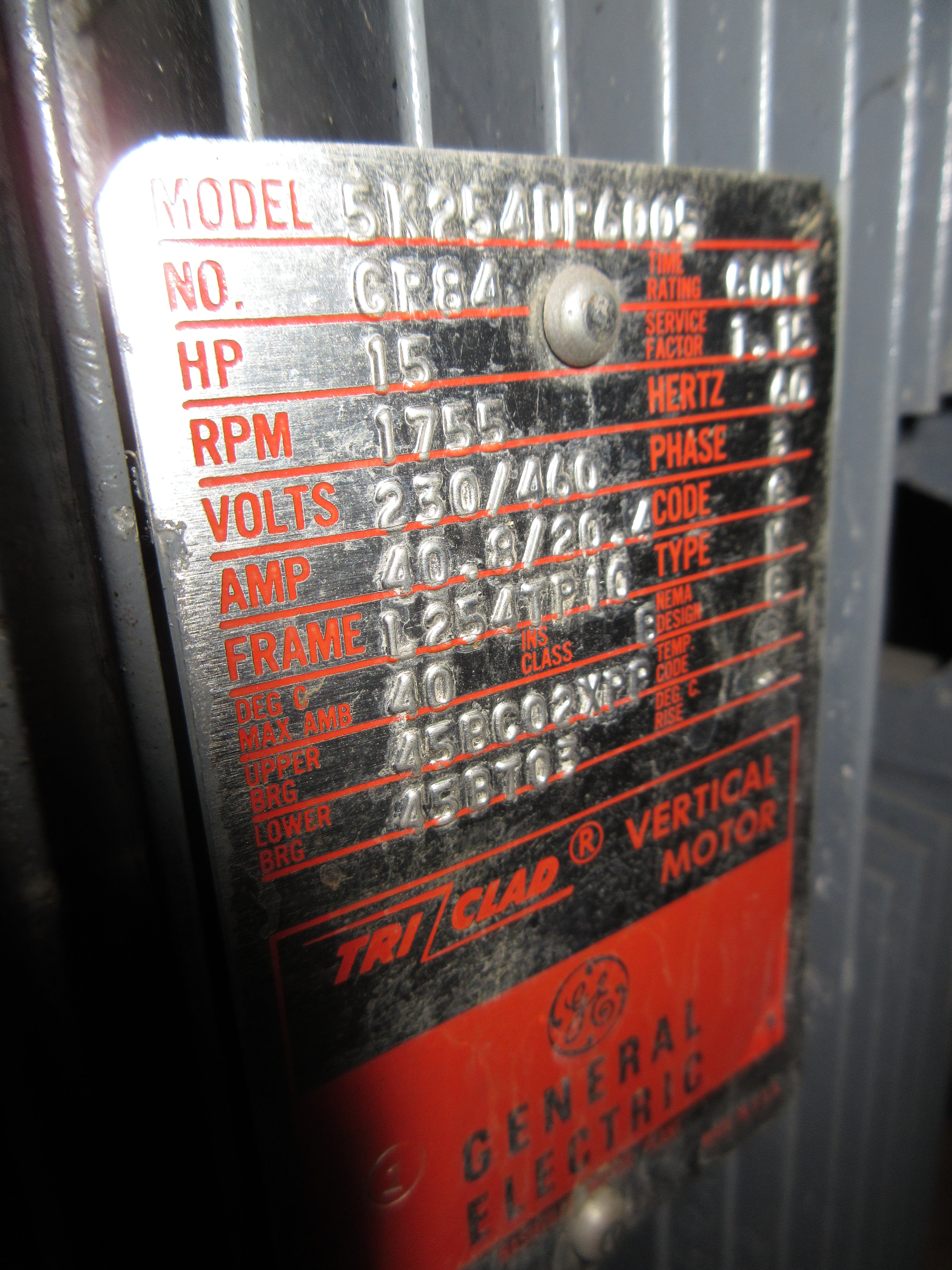 GE Vertical Motor 5K254DP6005 15HP 1800RPM 230/460V 40.8/20.4A 60Hz 3Ph Used