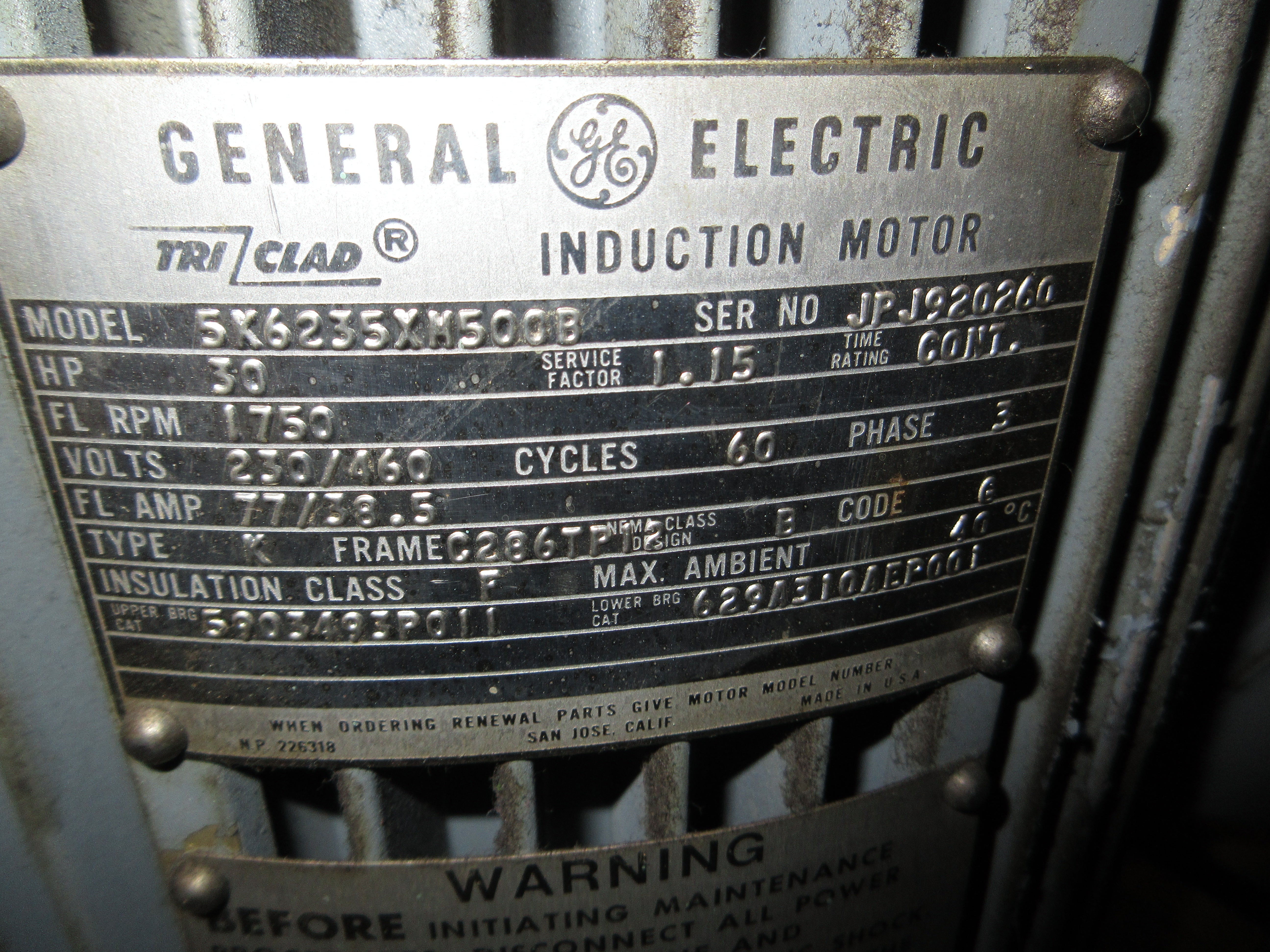 GE Vertical Motor 5K6235XM500B 30HP 1800RPM 230/460V 77/38.5A 3Ph 60Hz Used