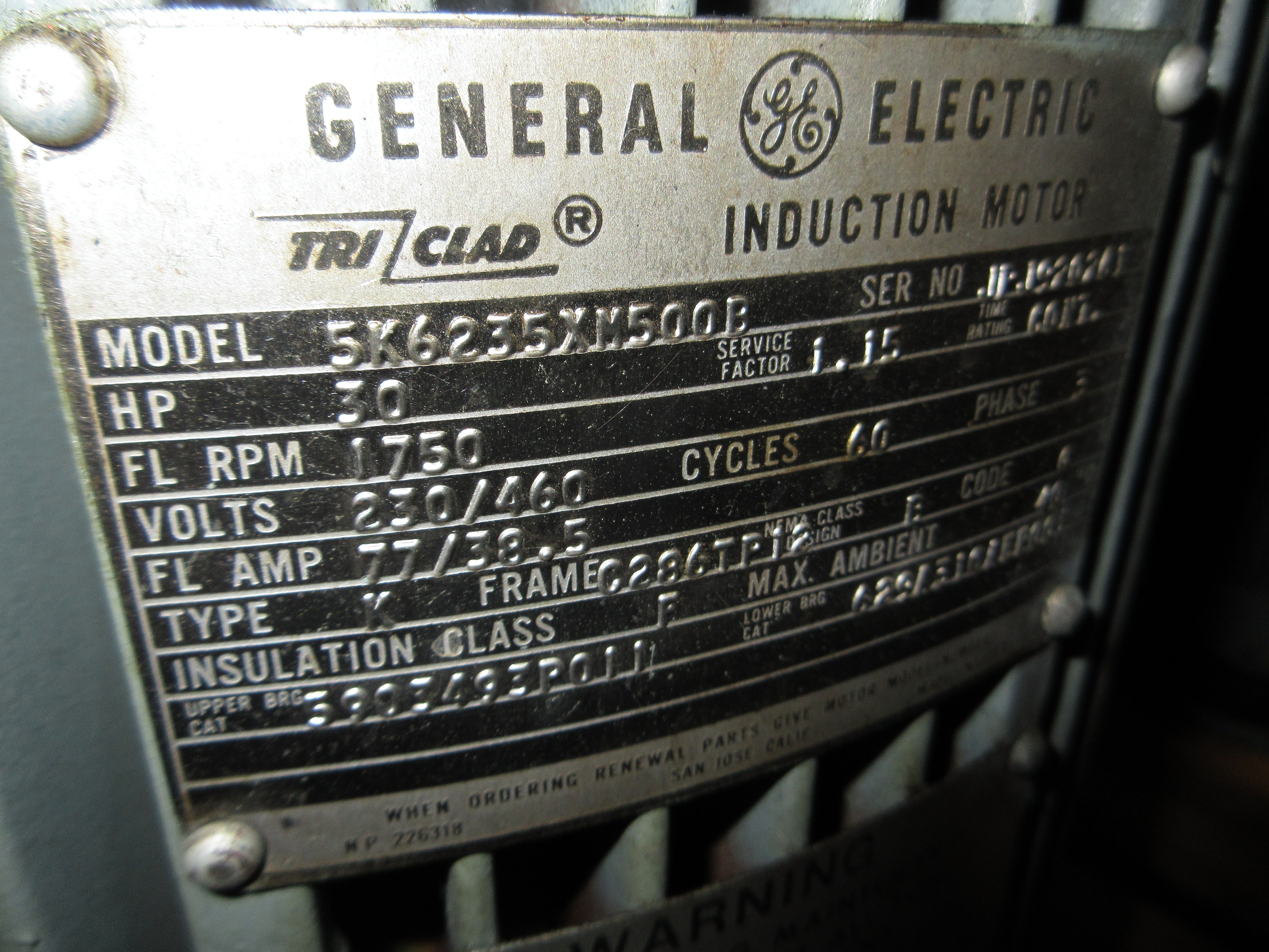 GE Vertical Motor 5K6235XM500B 30HP 1800RPM 230/460V 77/38.5A 3Ph 60Hz Used