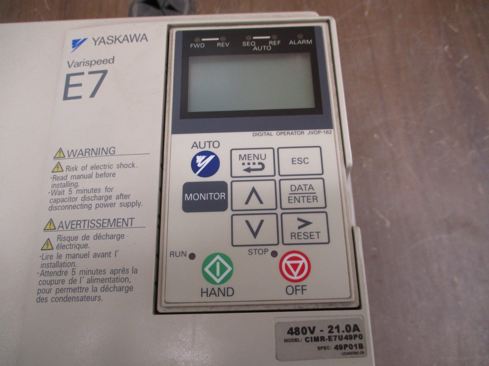 Yaskawa Varispeed E7 AC Drive CIMR-E7U49P0 15HP 3Ph w/ Keypad Used
