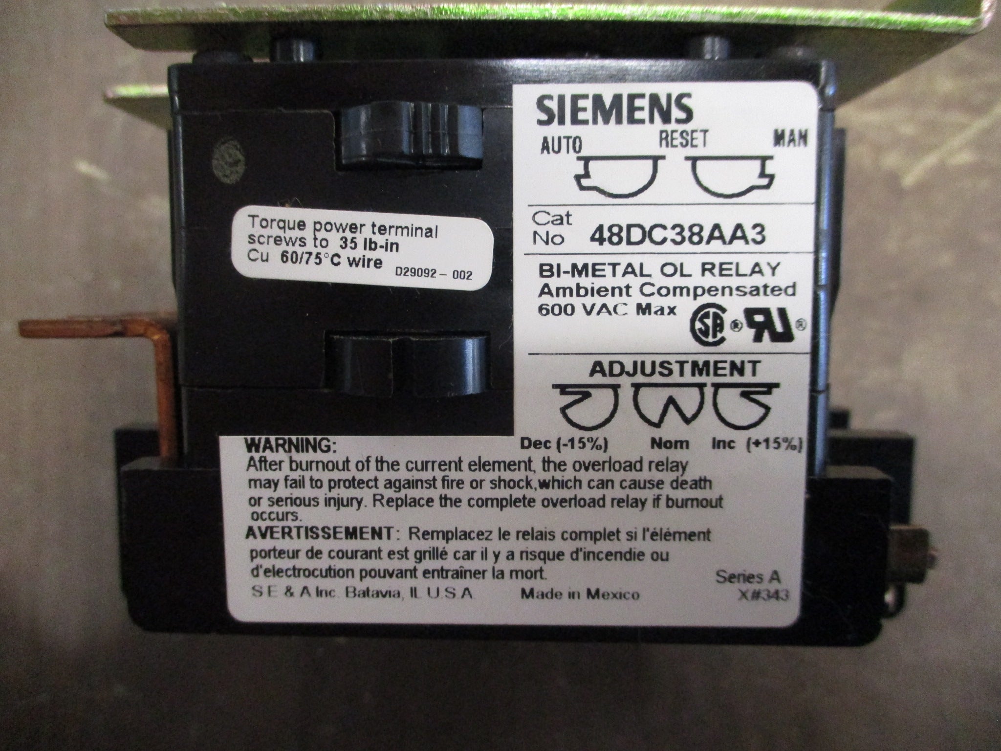 Siemens Overload Relay 48DC38AA3 30A 3P New Surplus