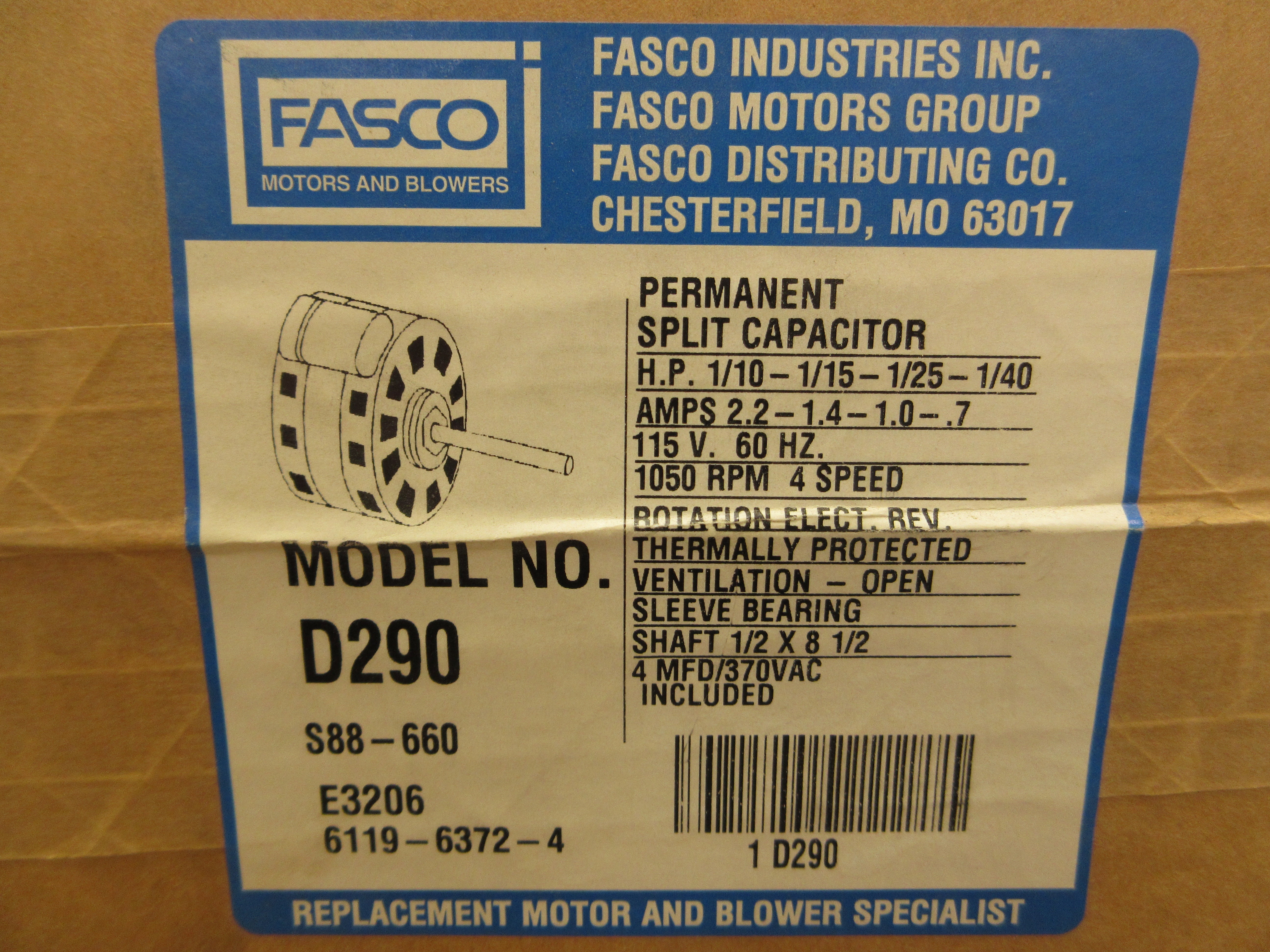 Fasco Permanent Split Capacitor D290 1/10-1/15-1/25-1/40HP 1200 RPM 2.2-1.4-1.0-.7A