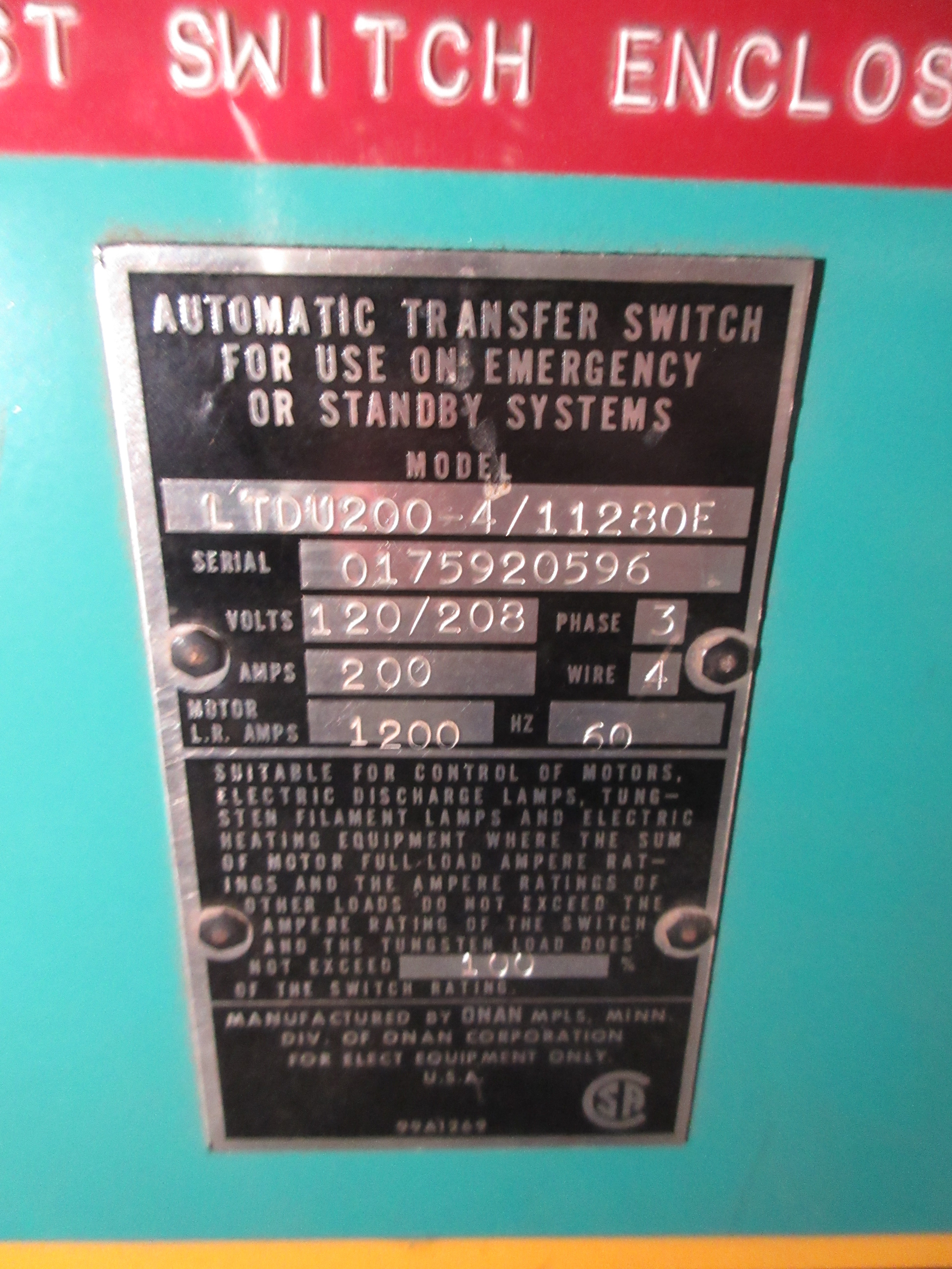 Onan Automatic Transfer Switch LTDU200-4/11280E 200A 120/208V 3Ph 4W 60Hz Used