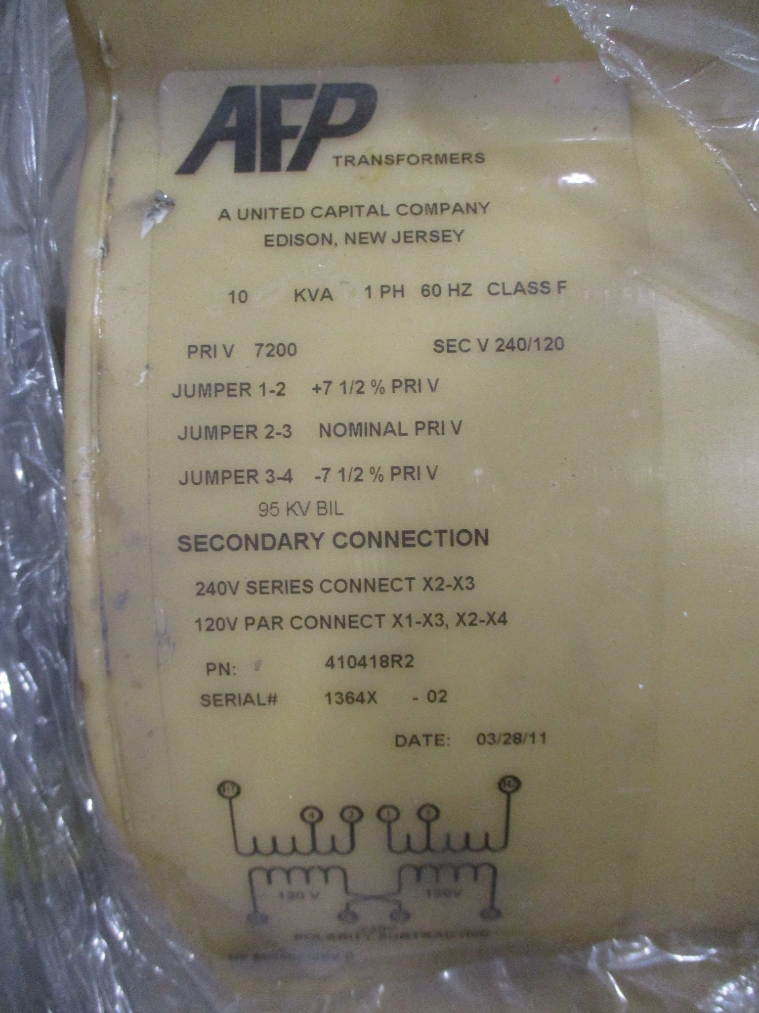 AFP Transformer 410418R2 10kVA Pri: 7200V Sec: 240/120V 1Ph 60Hz 95kV BIL Used