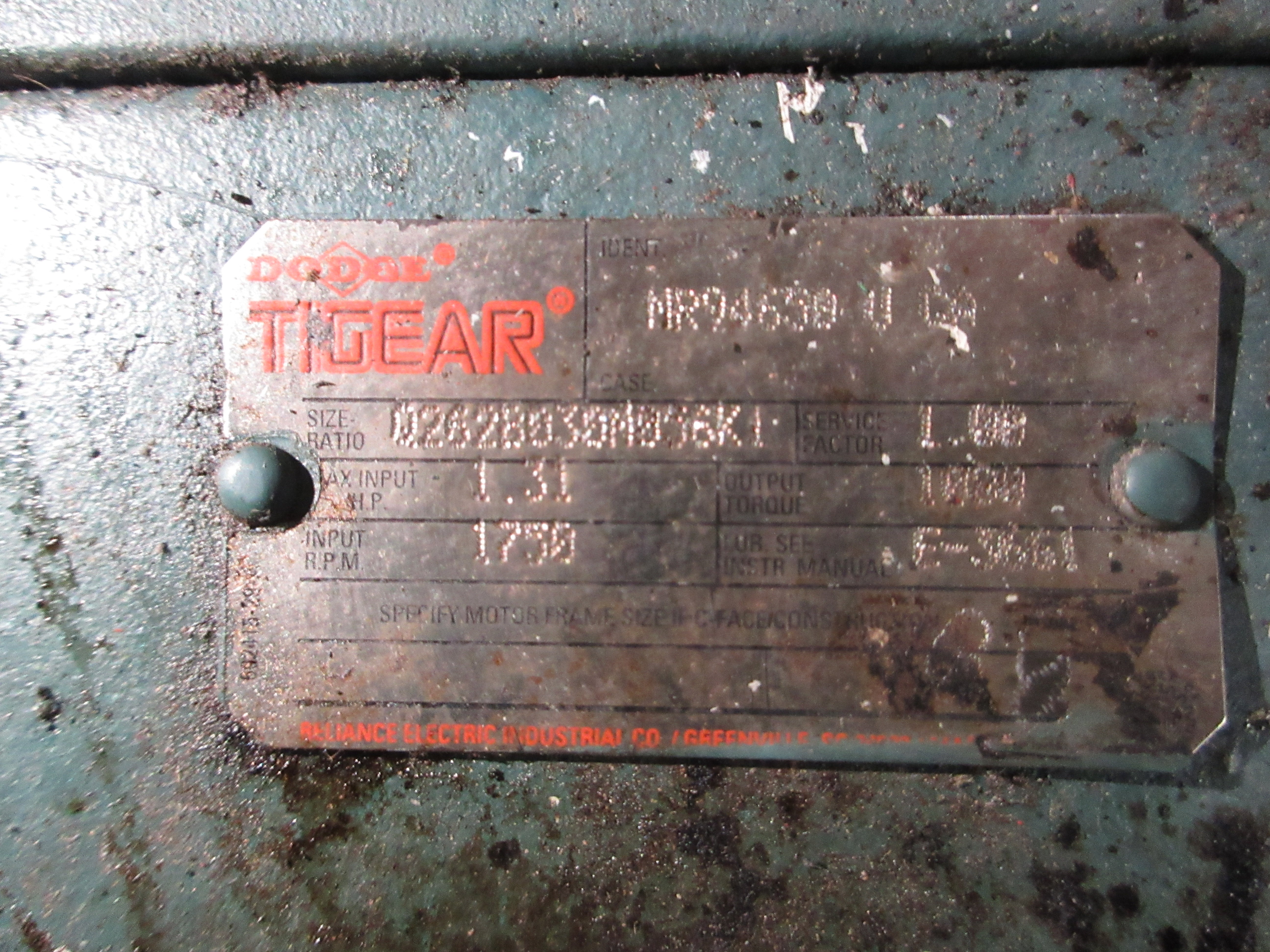 Dodge Tigear Gearmotor MR94650 U CA 1.31 HP 1800 RPM Input, 1030 Output Torque