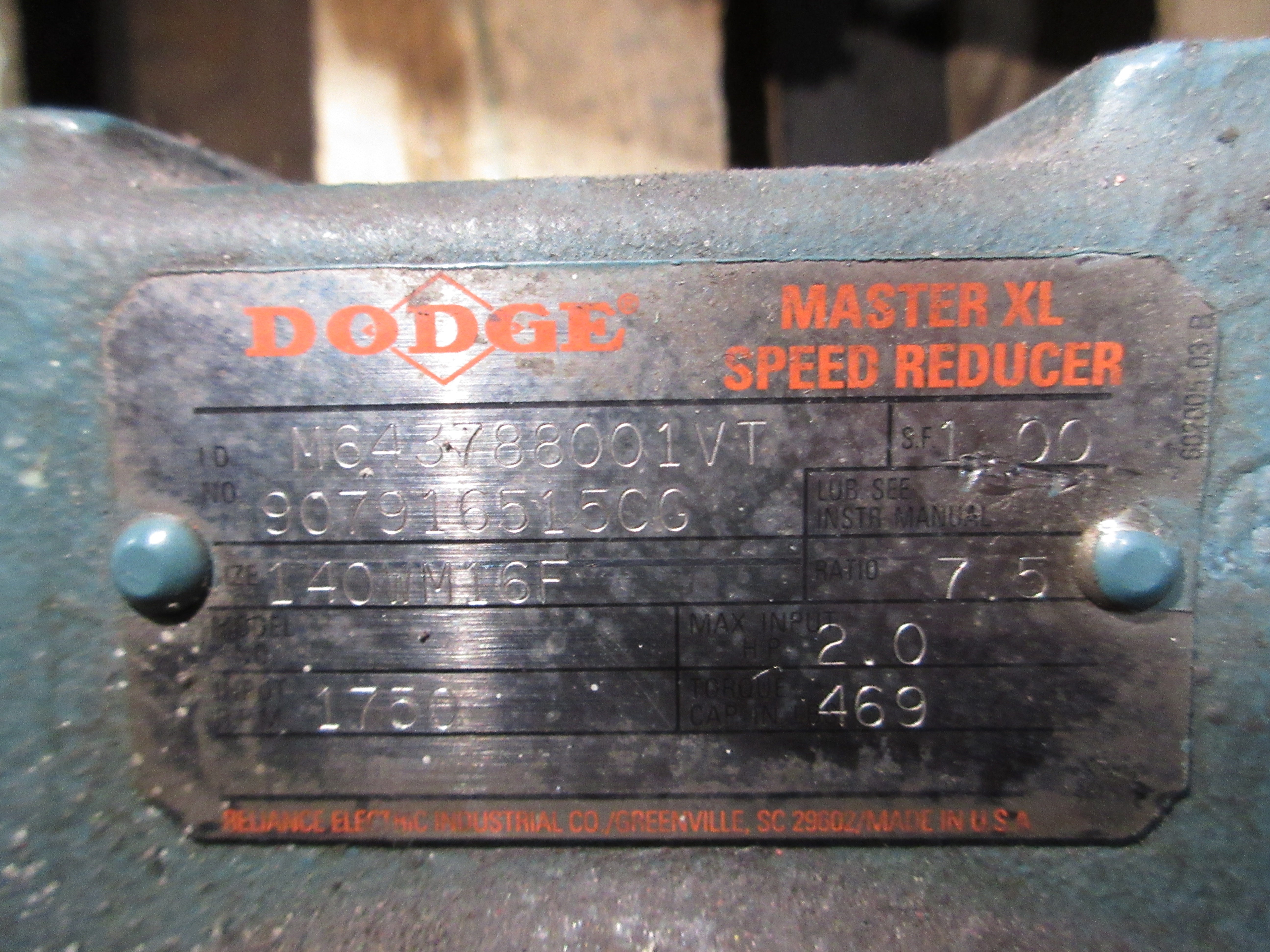 Dodge Gearmotor M643788001VT 2HP Max Input 1750 RPM Input 469 Torque Cap In LBS