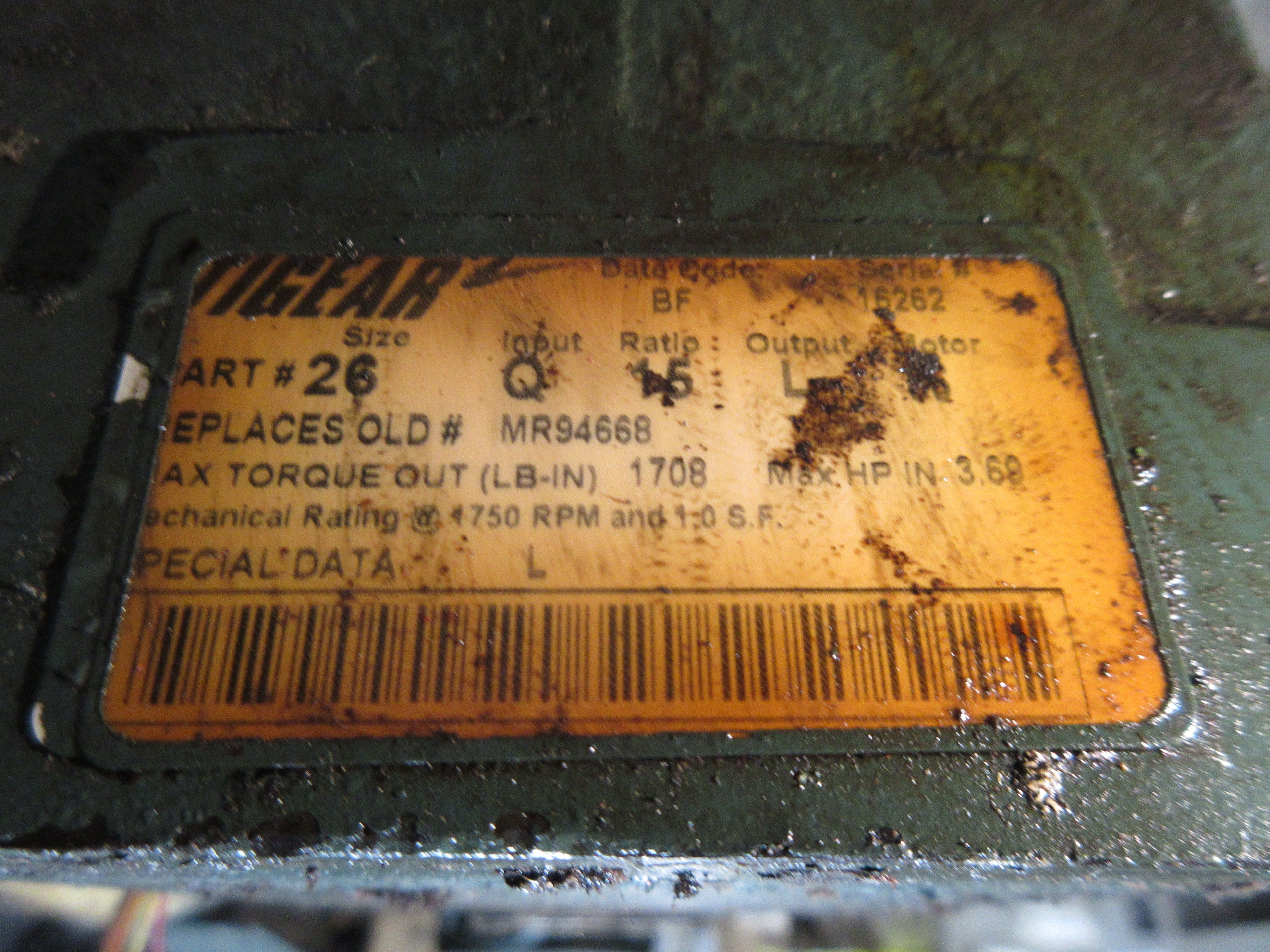 Dodge Tigear 2 Gearmotor 26Q15L 3.69 Max HP In Max Toque Out (LB-IN) 1708