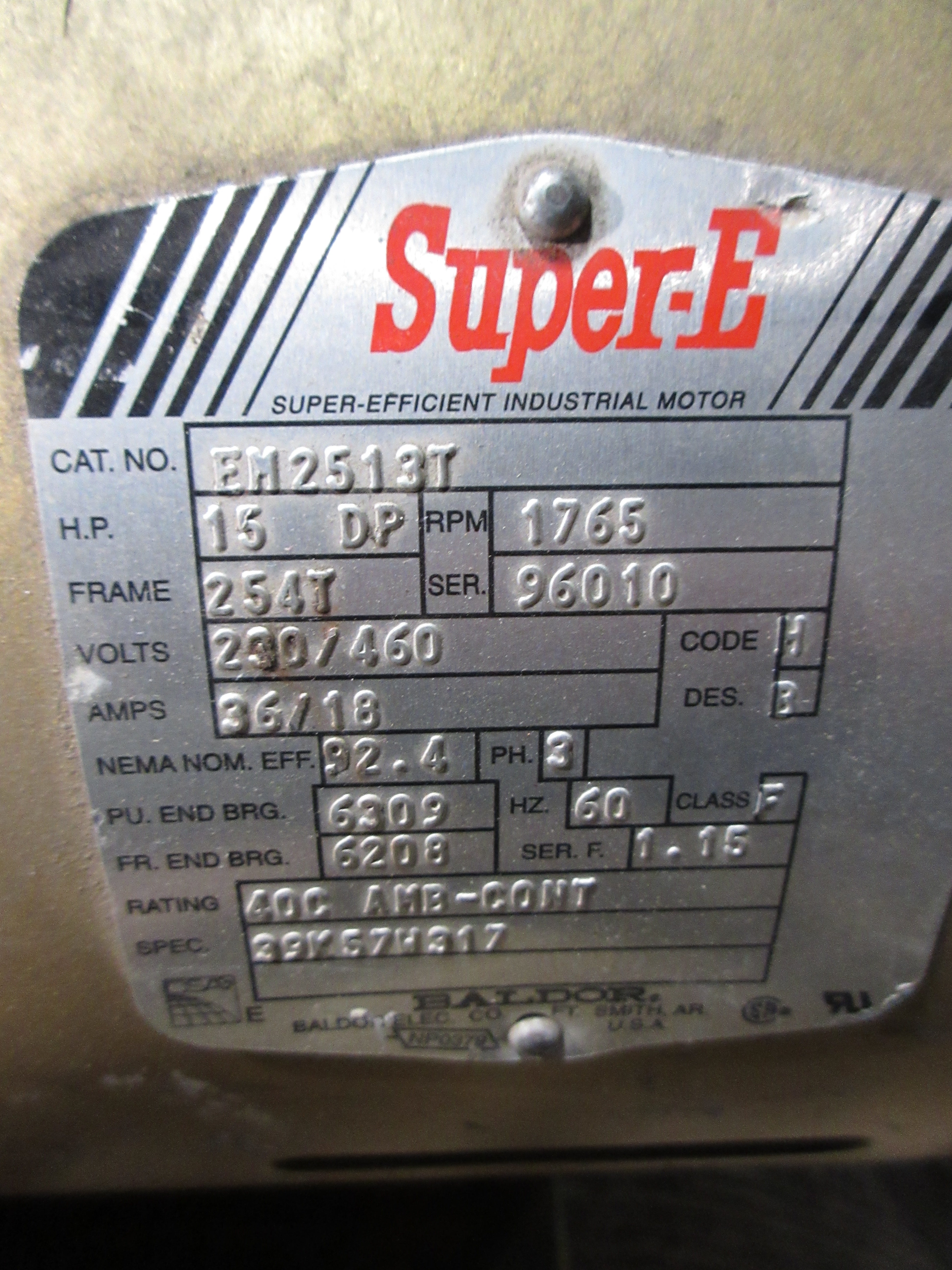 Baldor Motor EM2513T 15HP 1800RPM 230/460V 36/18A 3Ph 60Hz 254T Frame Used