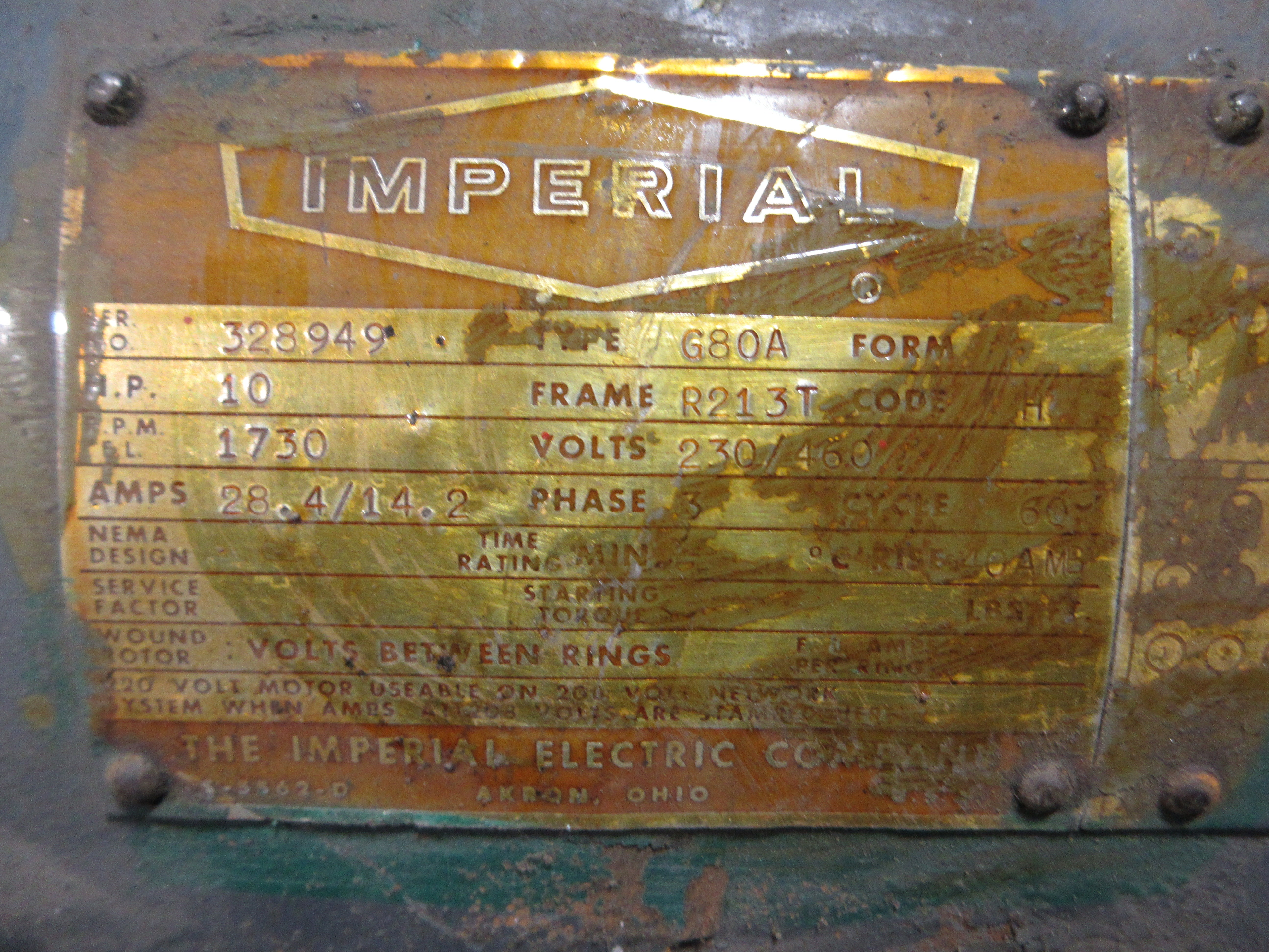 Imperial Motor 328949 10HP 1800RPM 230/460V 28.4/14.2A 3Ph 60Hz Used