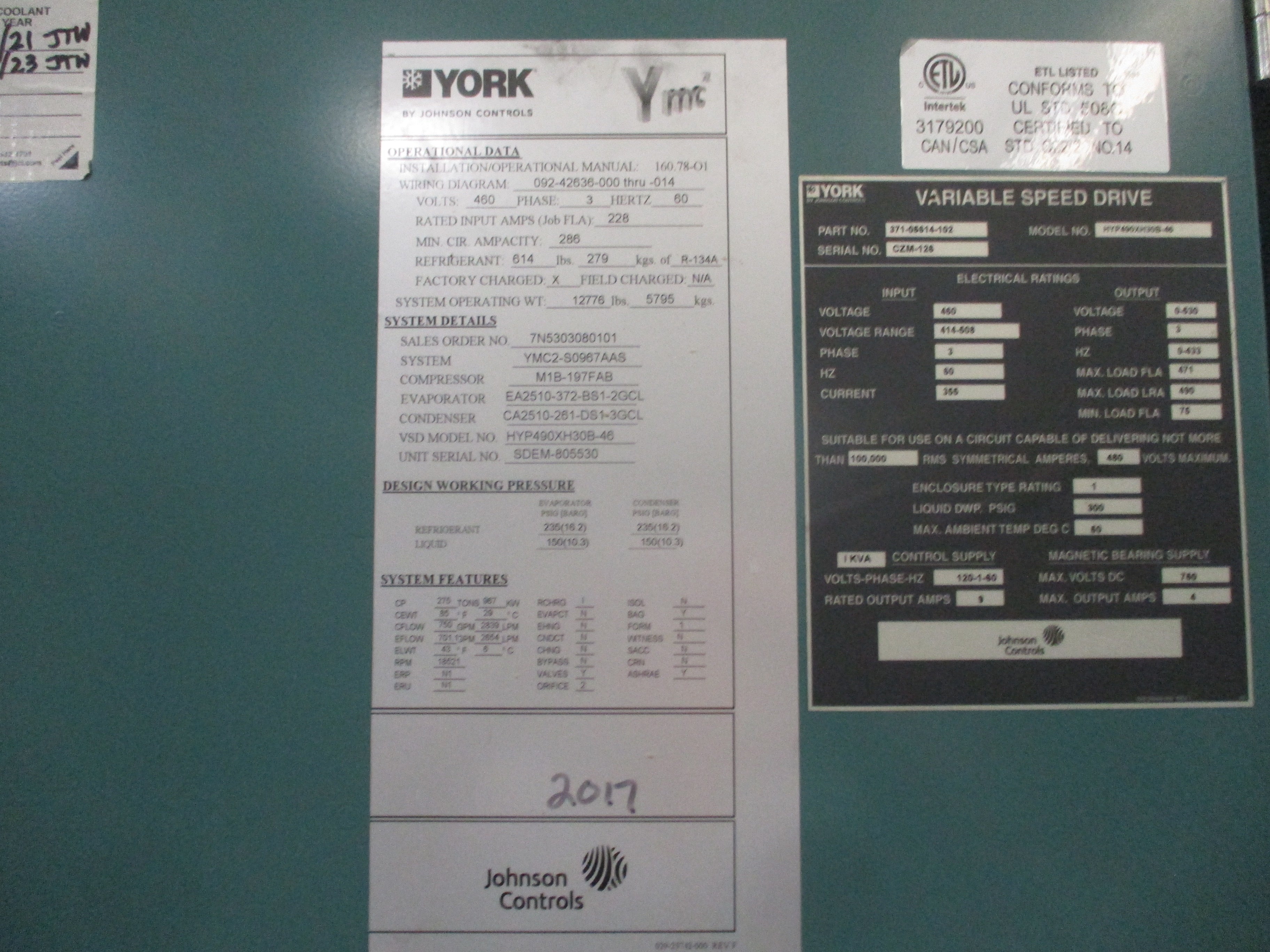 York YMC2 Water Cooled Chiller YMC2-S0967AAS 275 Ton 460V 3Ph 9,924 Operating Ho