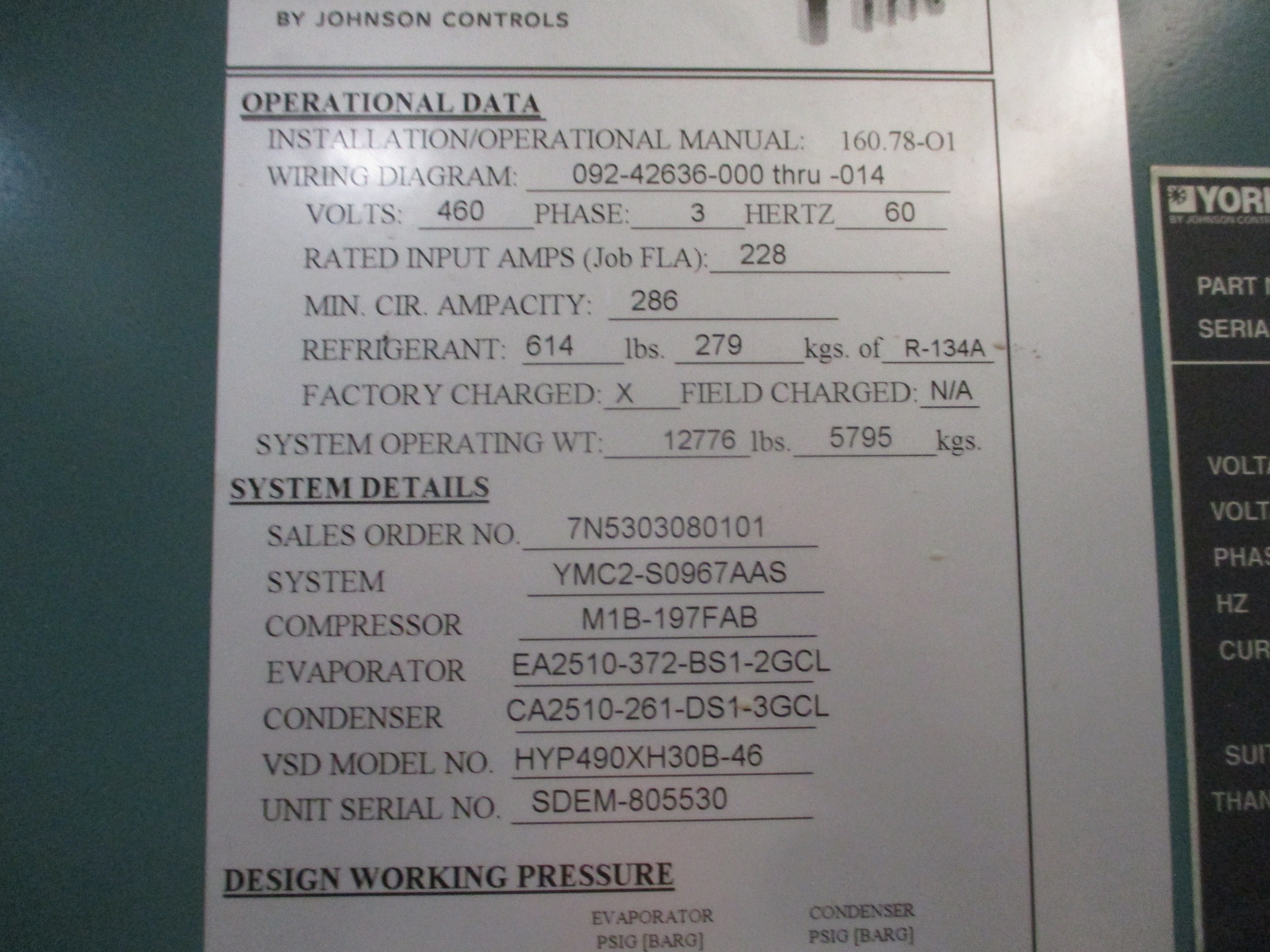 York YMC2 Water Cooled Chiller YMC2-S0967AAS 275 Ton 460V 3Ph 9,924 Operating Ho