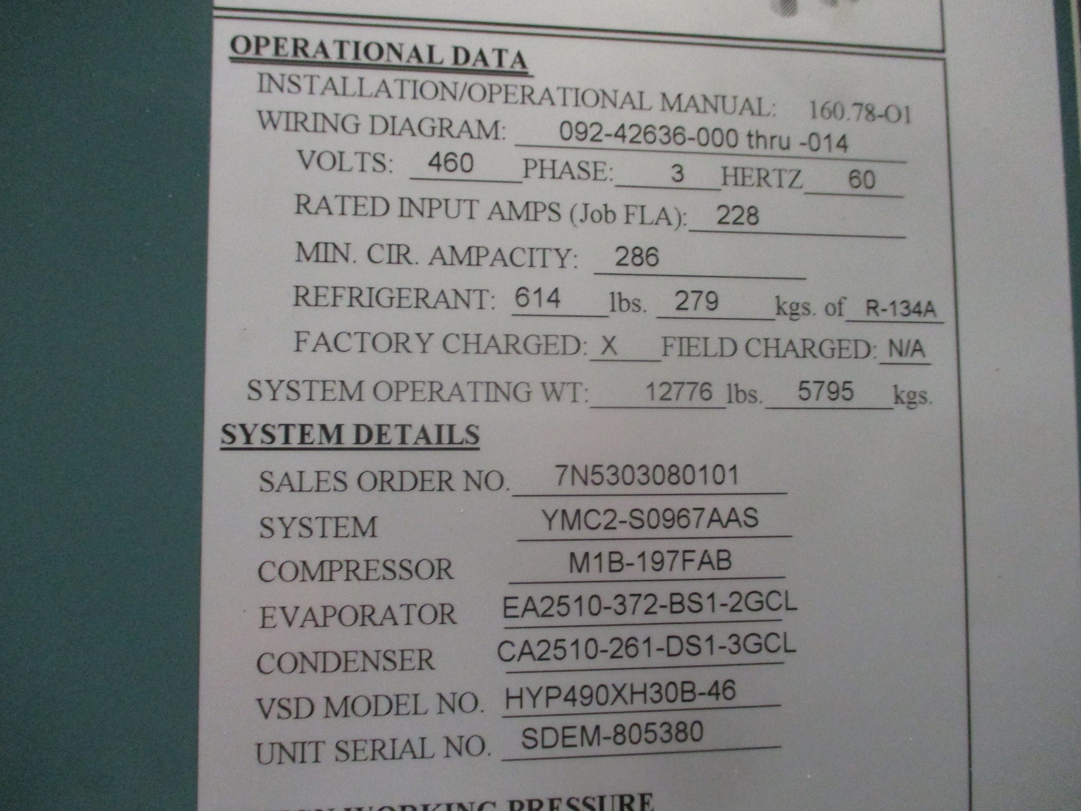 York YMC2 Water Cooled Chiller YMC2-S0967AAS 275 Ton 460V 3Ph 11,760 Operating H