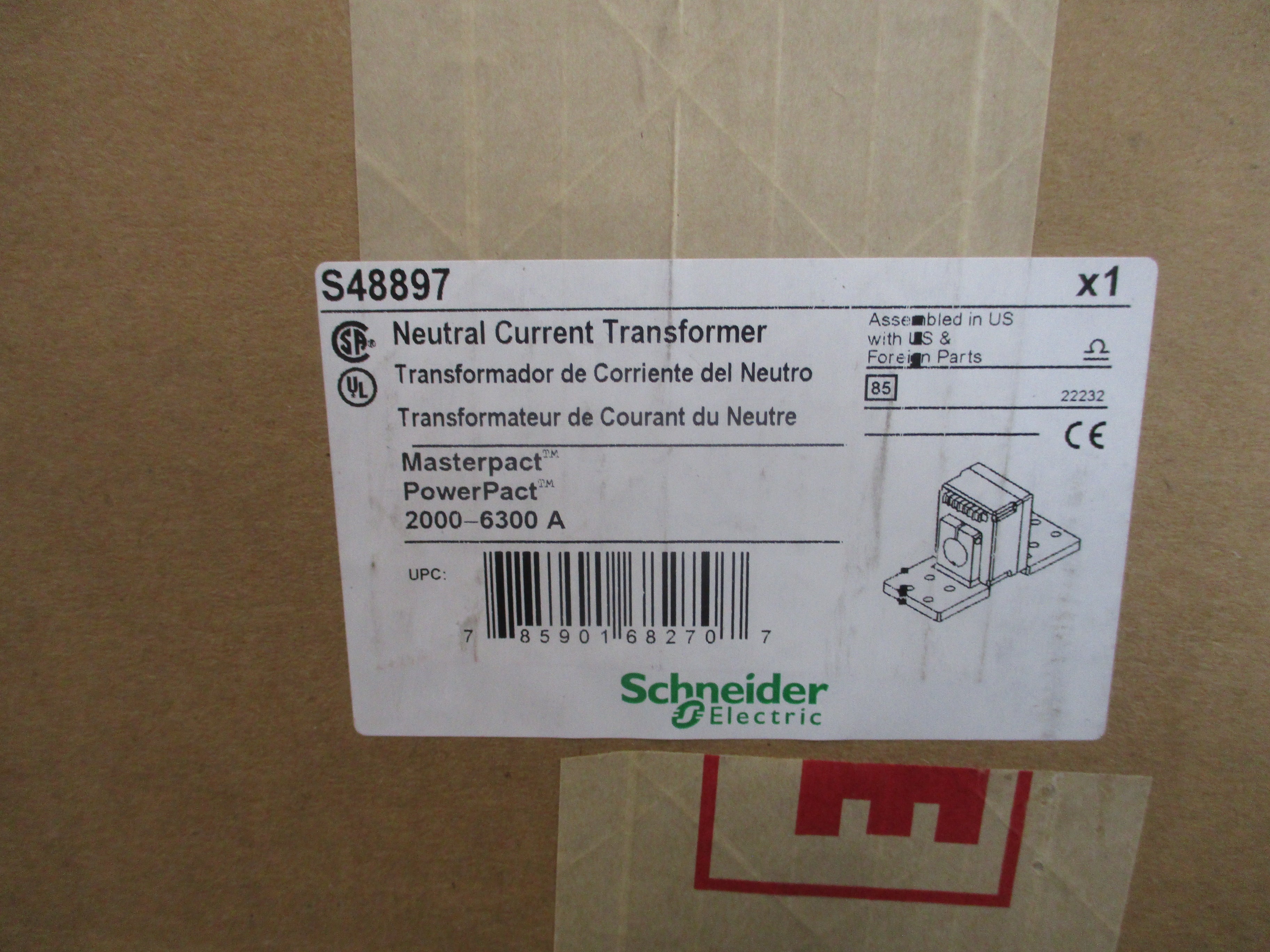 Schneider Electric Masterpact PowerPact Neutral Current Transformer S48897 2000-