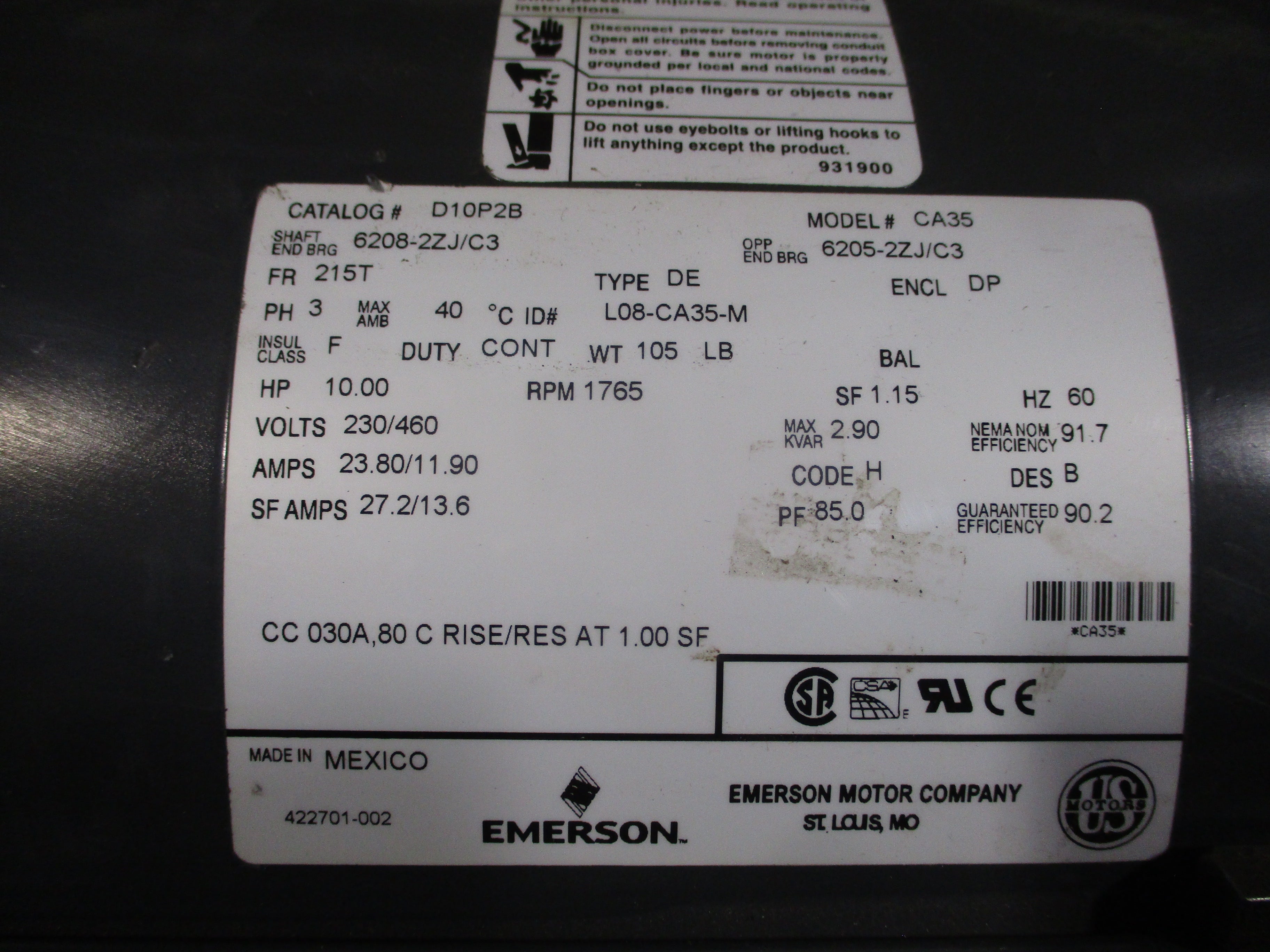 Emerson CA35 10.00HP 230/460V 1800RPM 23.80/11.90A 60Hz 3PH Frame: 215T Enclosur