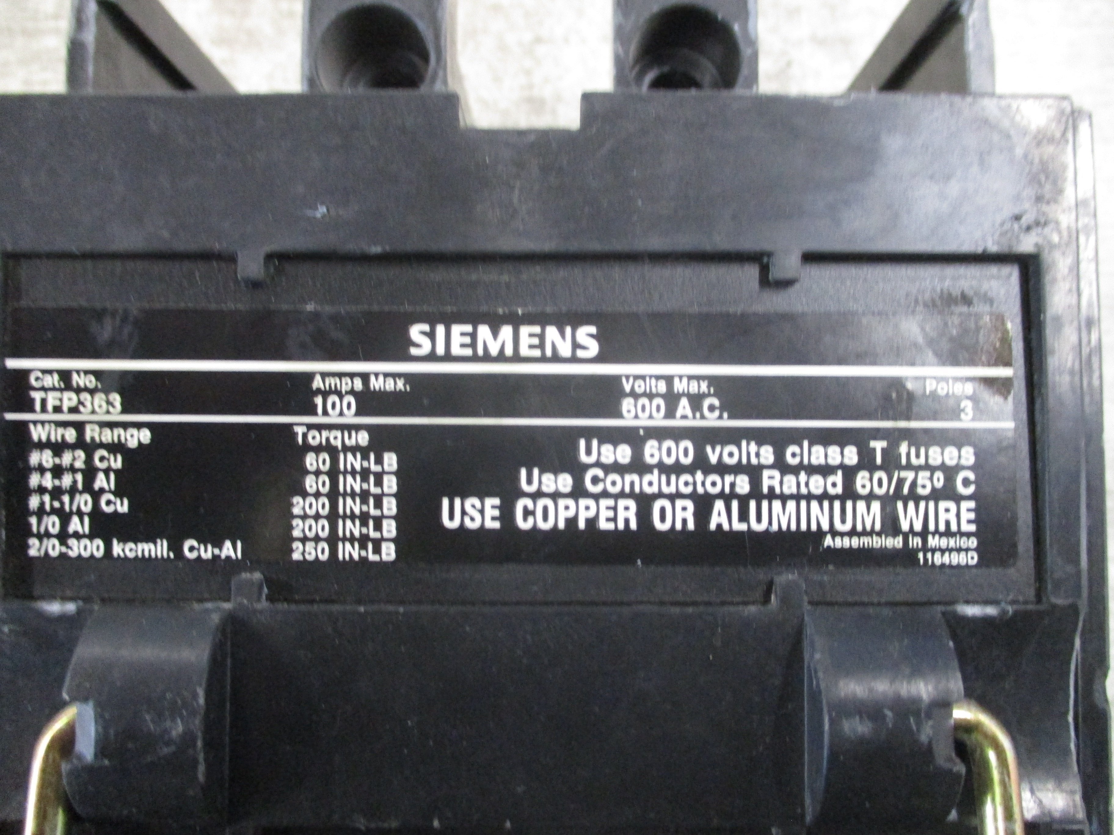 Siemens Fuse Pullout Switch TFP363 100A 600V 3P Used