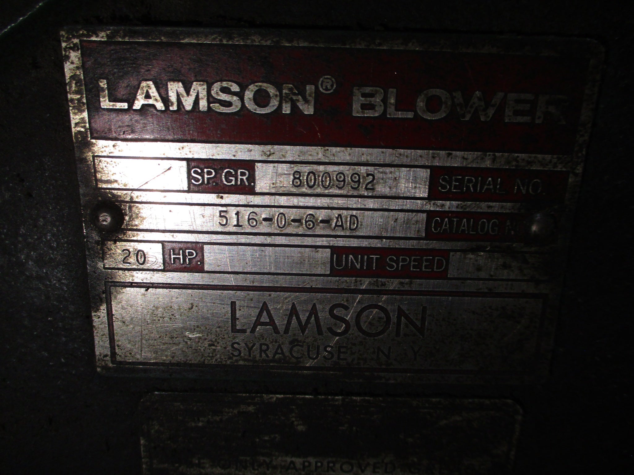 Lamson Centrifugal Blower 516-0-6-AD 20HP 3510RPM 230/460V 60Hz 3Ph Used