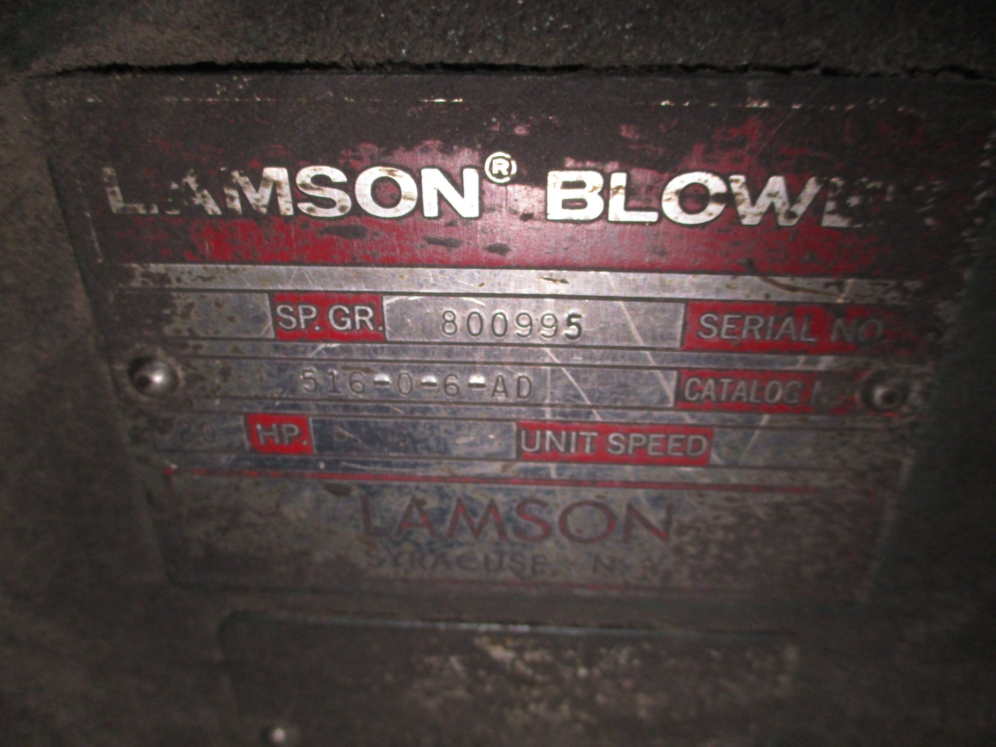 Lamson Centrifugal Blower 516-0-6-AD 20HP 3510RPM 230/460V 60Hz 3Ph Used