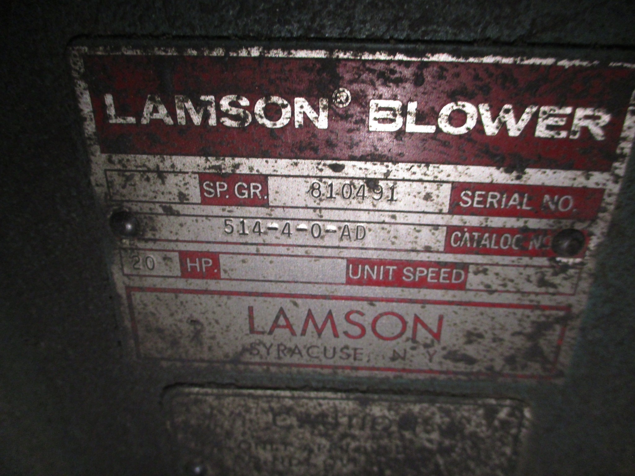 Lamson Centrifugal Blower 514-4-0-AD 20HP 3510RPM 230/460V 3Ph 60Hz Used