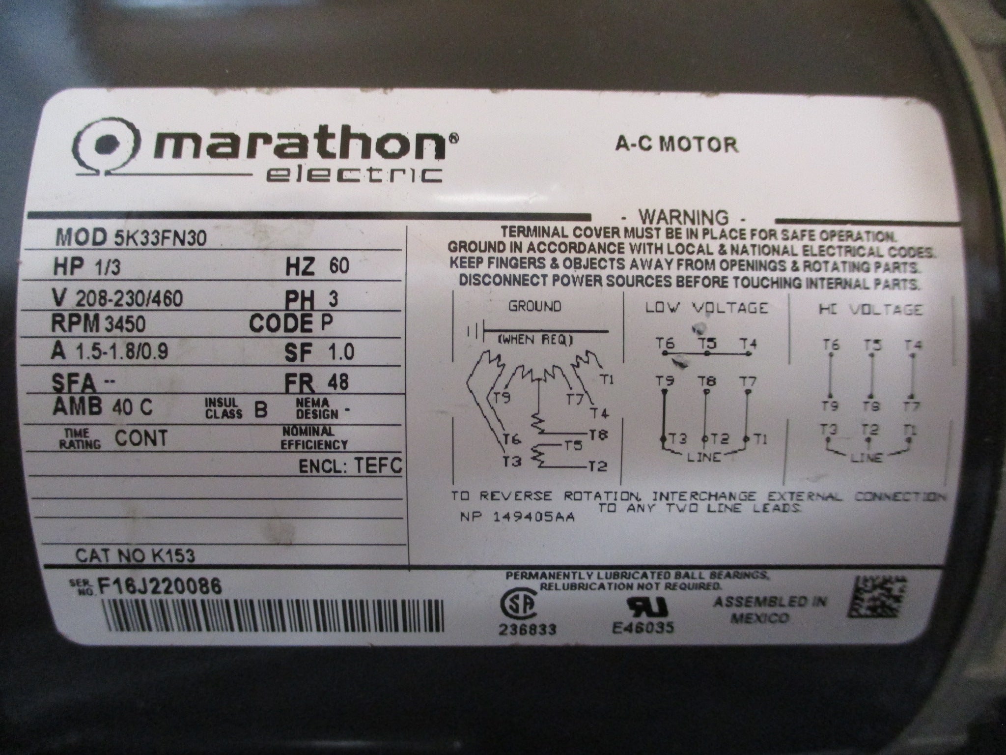 Dayton Blower 48LX11 1/3HP 3450RPM 208-230/460V 3Ph Wheel: 7 3/4"