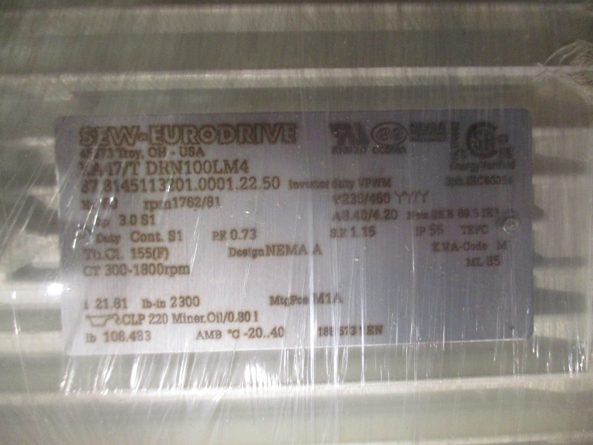 SEW-EURODRIVE Gearmotor KA47/T DRN100LM4 81RPM Out Ratio 21.81:1 230/460V 60Hz