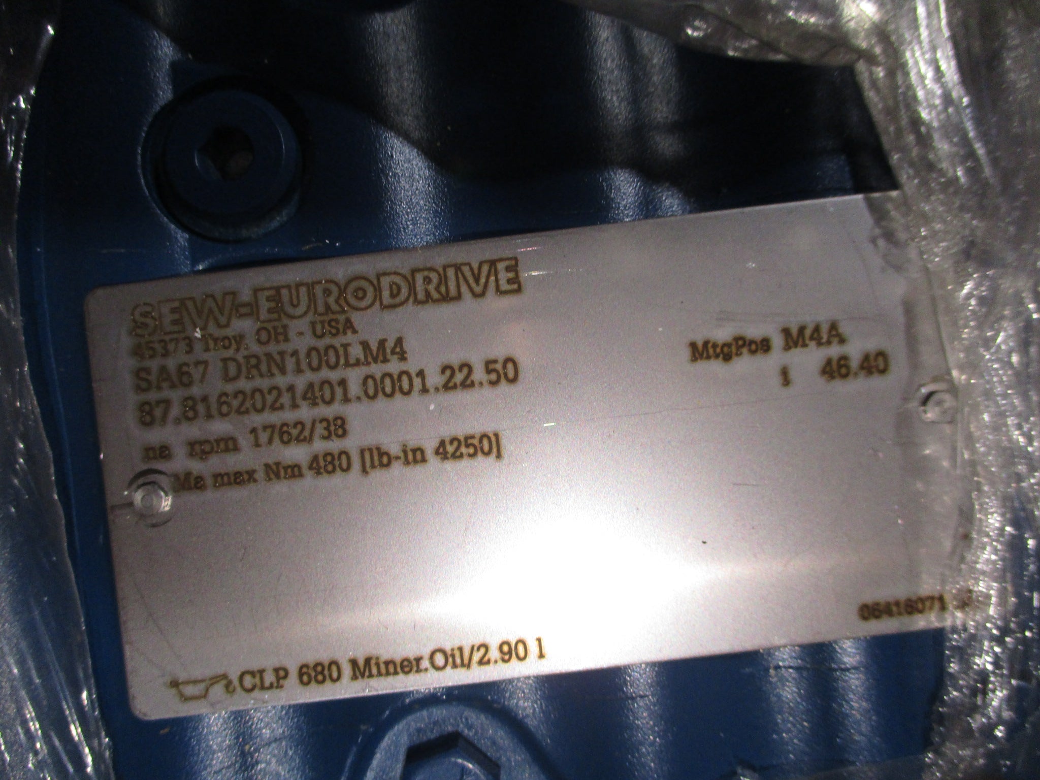 Sew-Eurodrive Gearmotor SA67 DRN100LM4 Ratio 46.40:1 38RPM Out 3HP 230/460V 60Hz