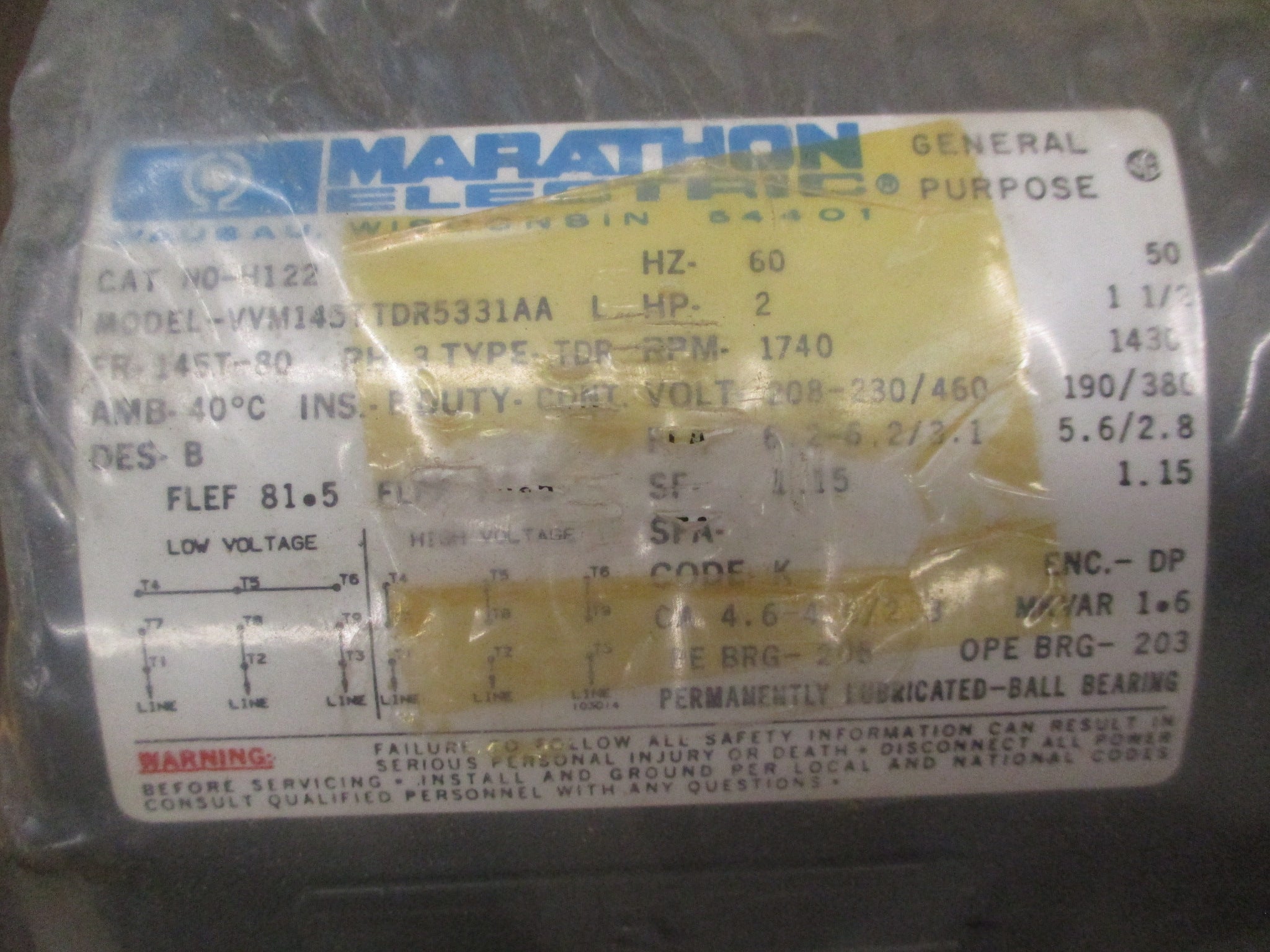 Marathon Motor N0-HI22 2HP 1800RPM 208-230/460V 6.2/3.1A 3Ph 60Hz New Surplus