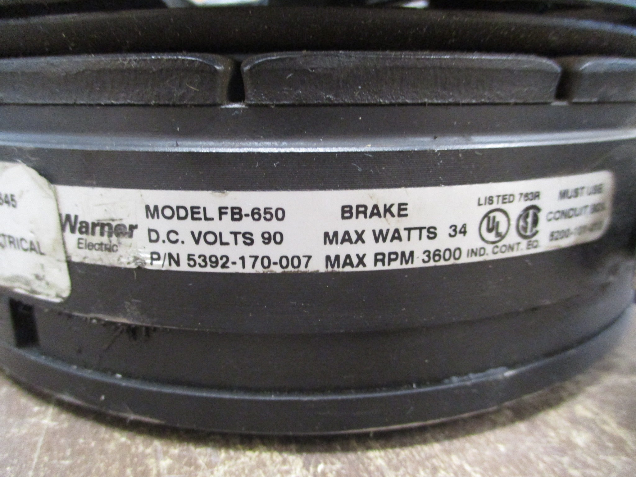 Warner FB-650 Brake 5392-170-007 90VDC 34W 3600 RPM Used