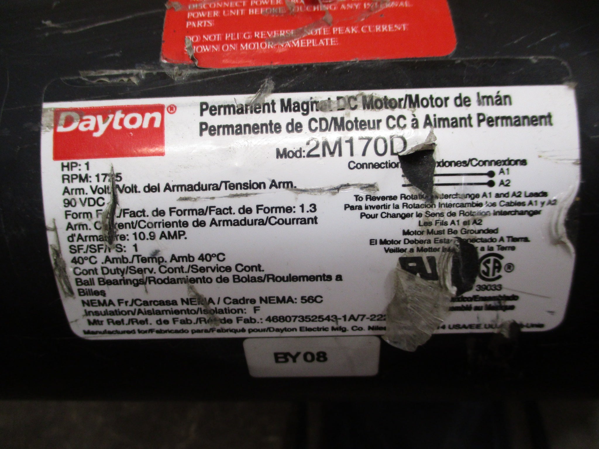 Dayton DC Motor 2M170D 1HP 1725RPM 90VDC 10.9A Used