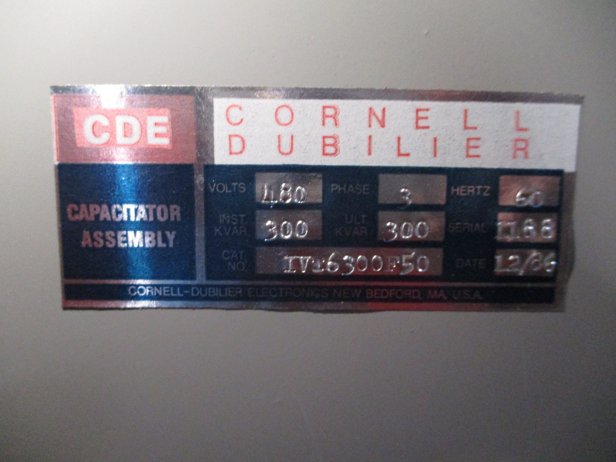 Cornell-Dubilier Accu-Var Capacitor Assembly IVT6300F50 300kVAR 480V 3Ph 60Hz