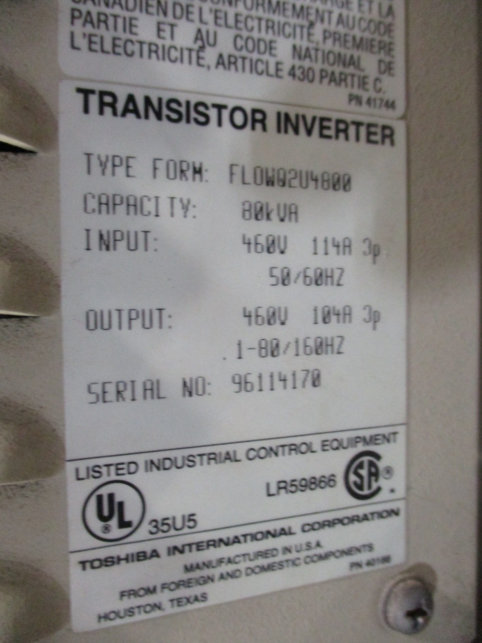 Toshiba Q-Flowsaver II AC Drive FLOWQ2U4800 100HP 3Ph Used
