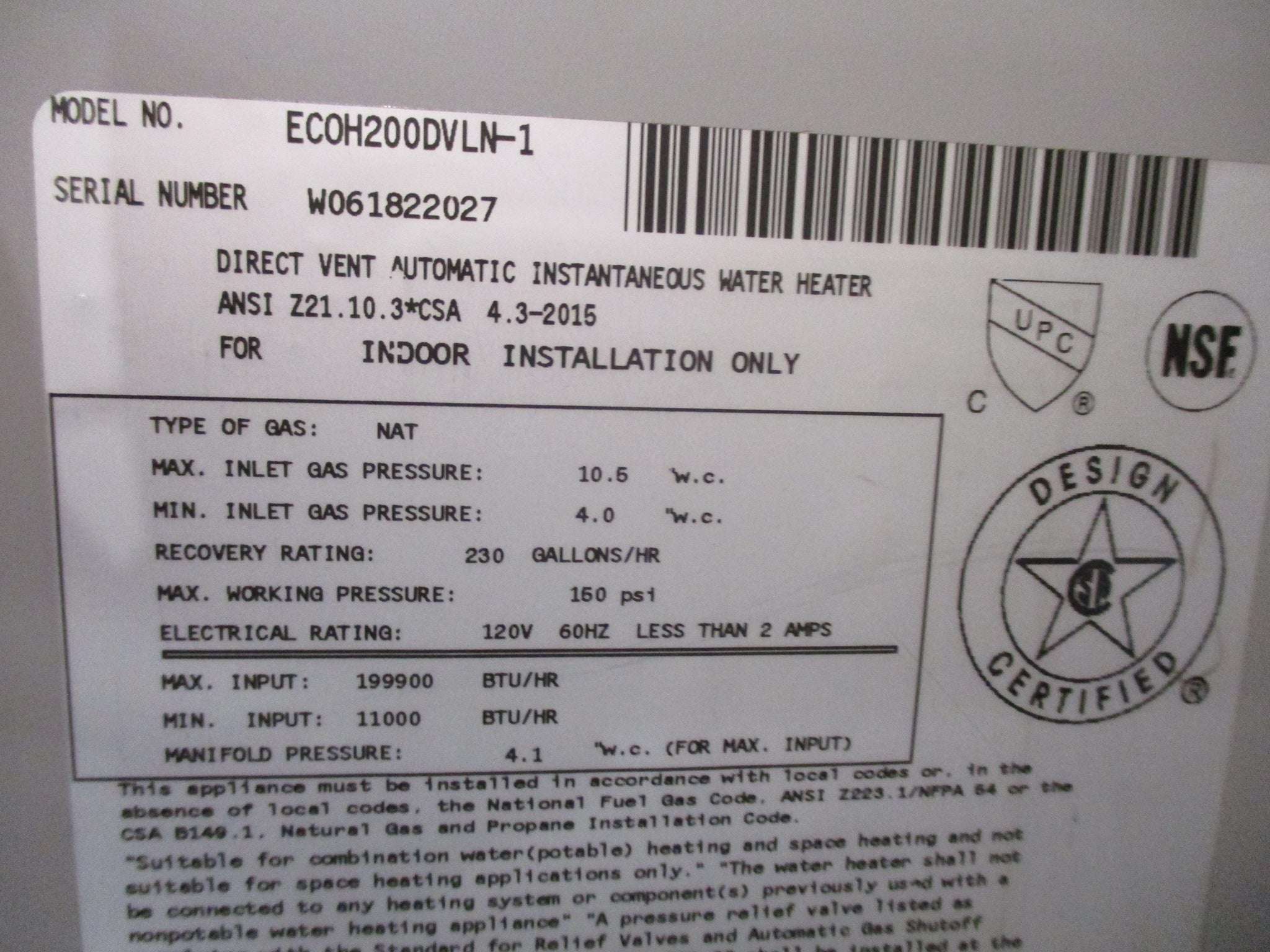 Rheem Performance Platinum Tankless Water Heater ECOH200DVLN-1 230 Gal/Hr 120V