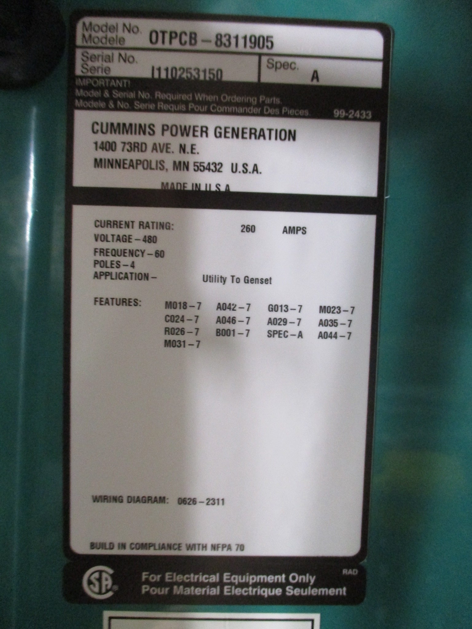 Cummins PowerCommand Automatic Transfer Switch OTPCB-8311905 260A 480V 60Hz 4P