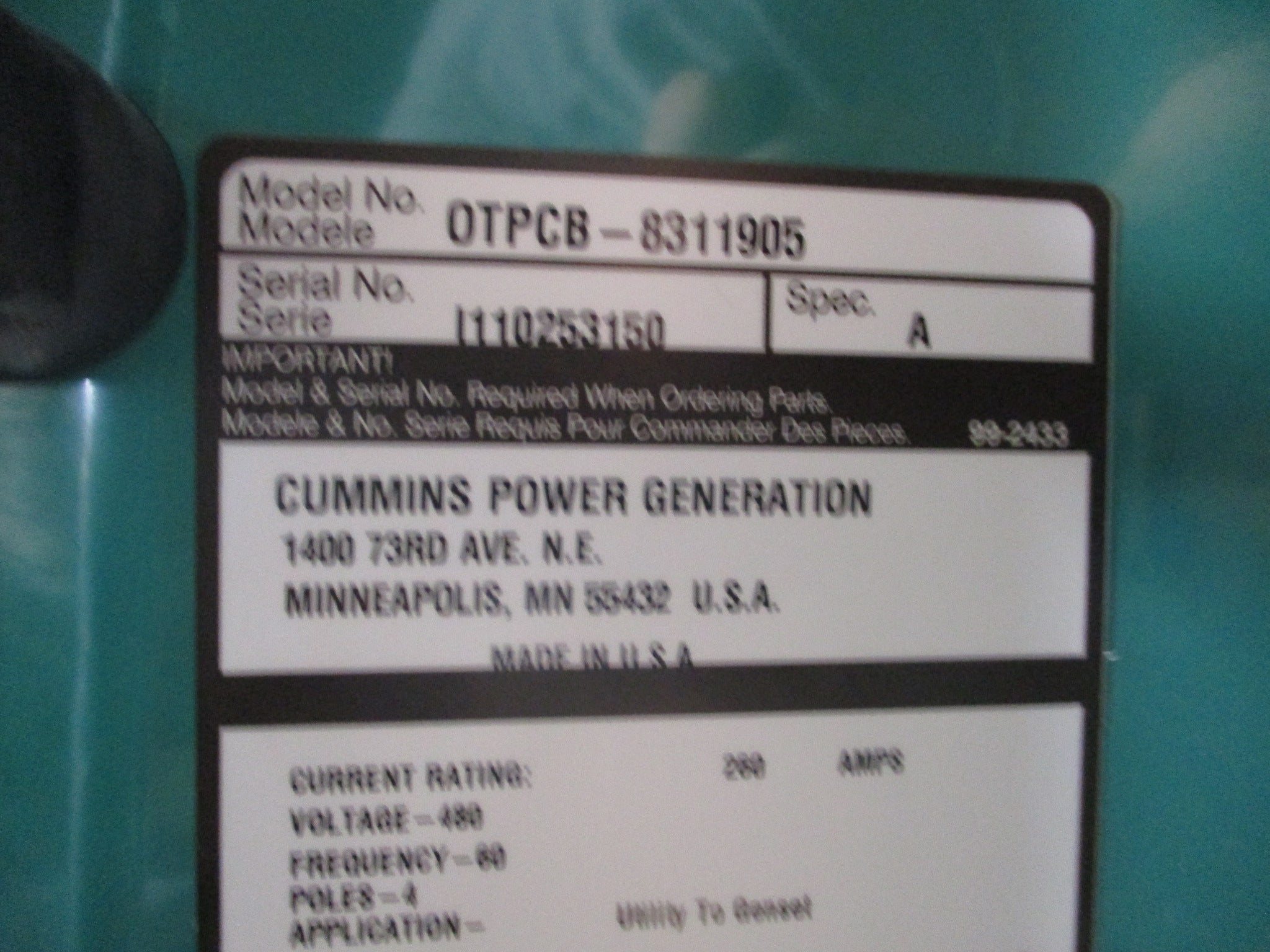 Cummins PowerCommand Automatic Transfer Switch OTPCB-8311905 260A 480V 60Hz 4P