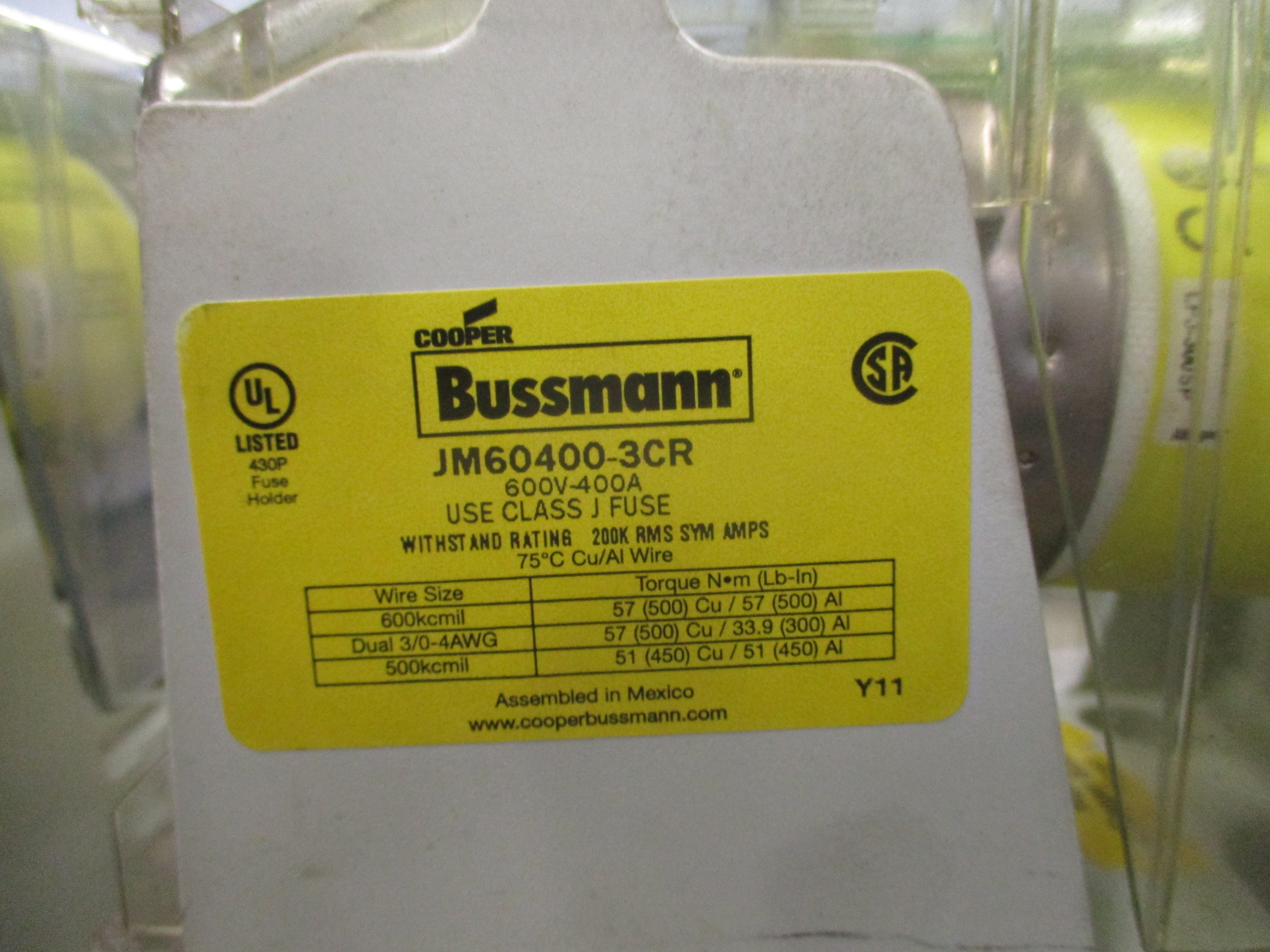 Cooper Bussmann Fuse holder JM60400-3CR 400A 600V 3P W/(3) 300A Fuses Used