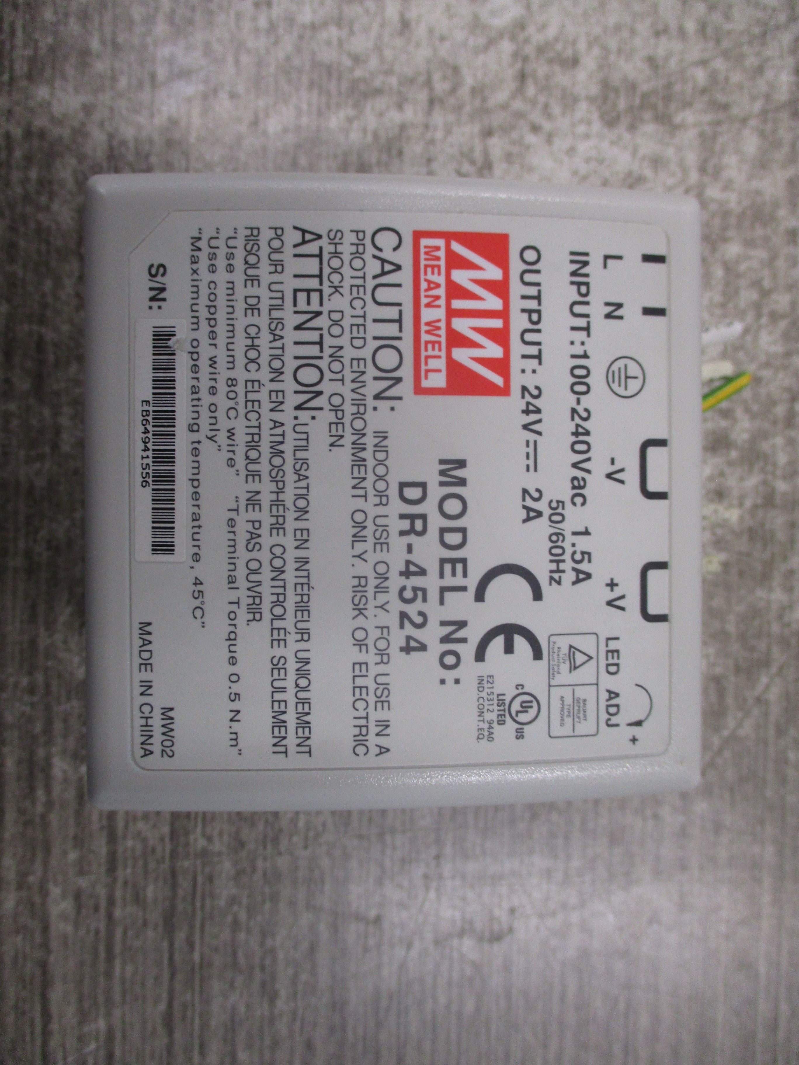 Mean Well Power Supply DR-4524 Input: 100-240VAC 50/60Hz 1.5A Output: 24VDC 2A Used