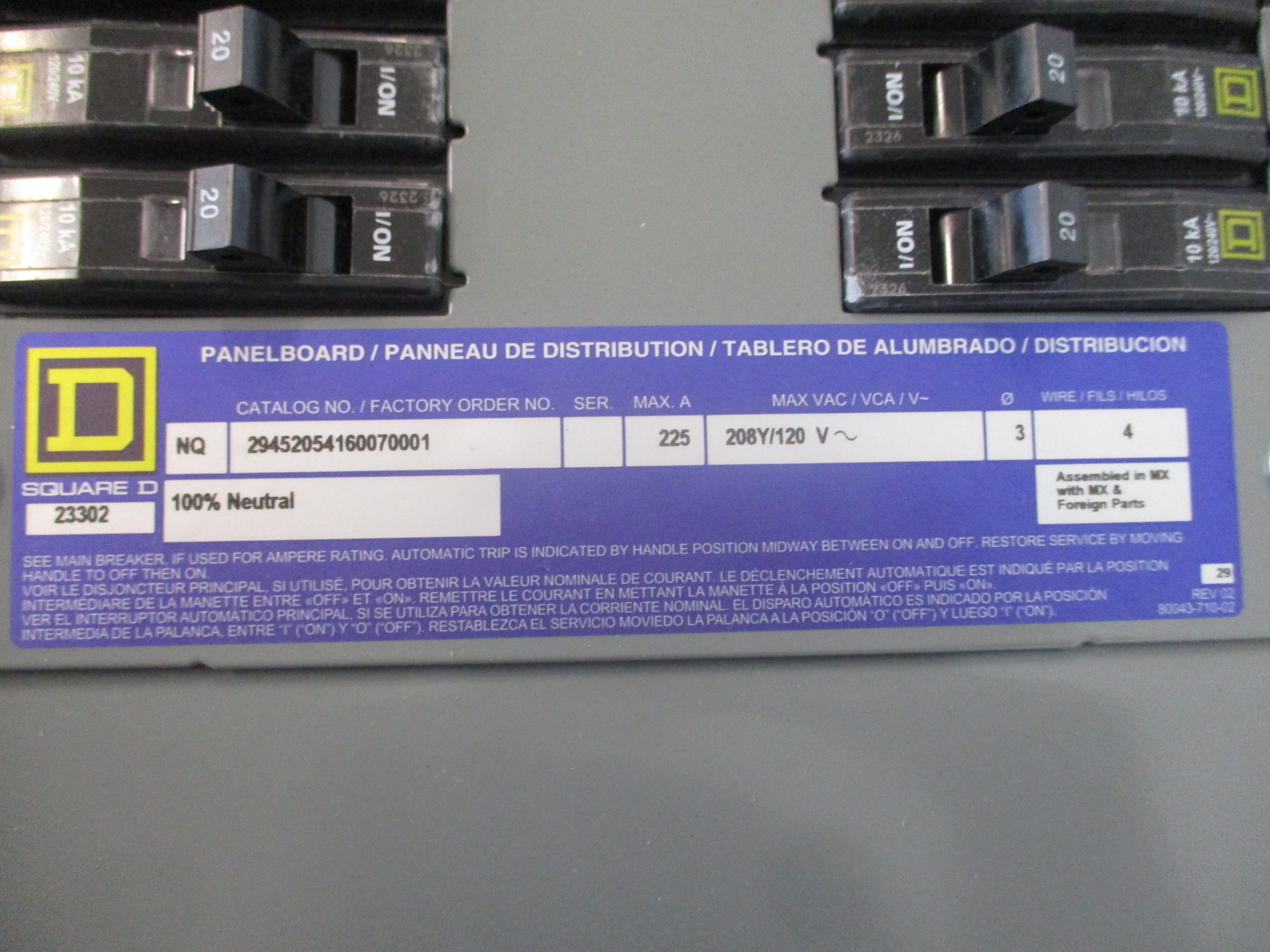 Square D NQ Panelboard Interior 29452054160070001 225A 208Y/120V 3Ph 4W 42-Space Breakers : (1) 30A 2P / (1) 20A 2P / (1) 15A 2P / (36) 20A 1P New Surplus