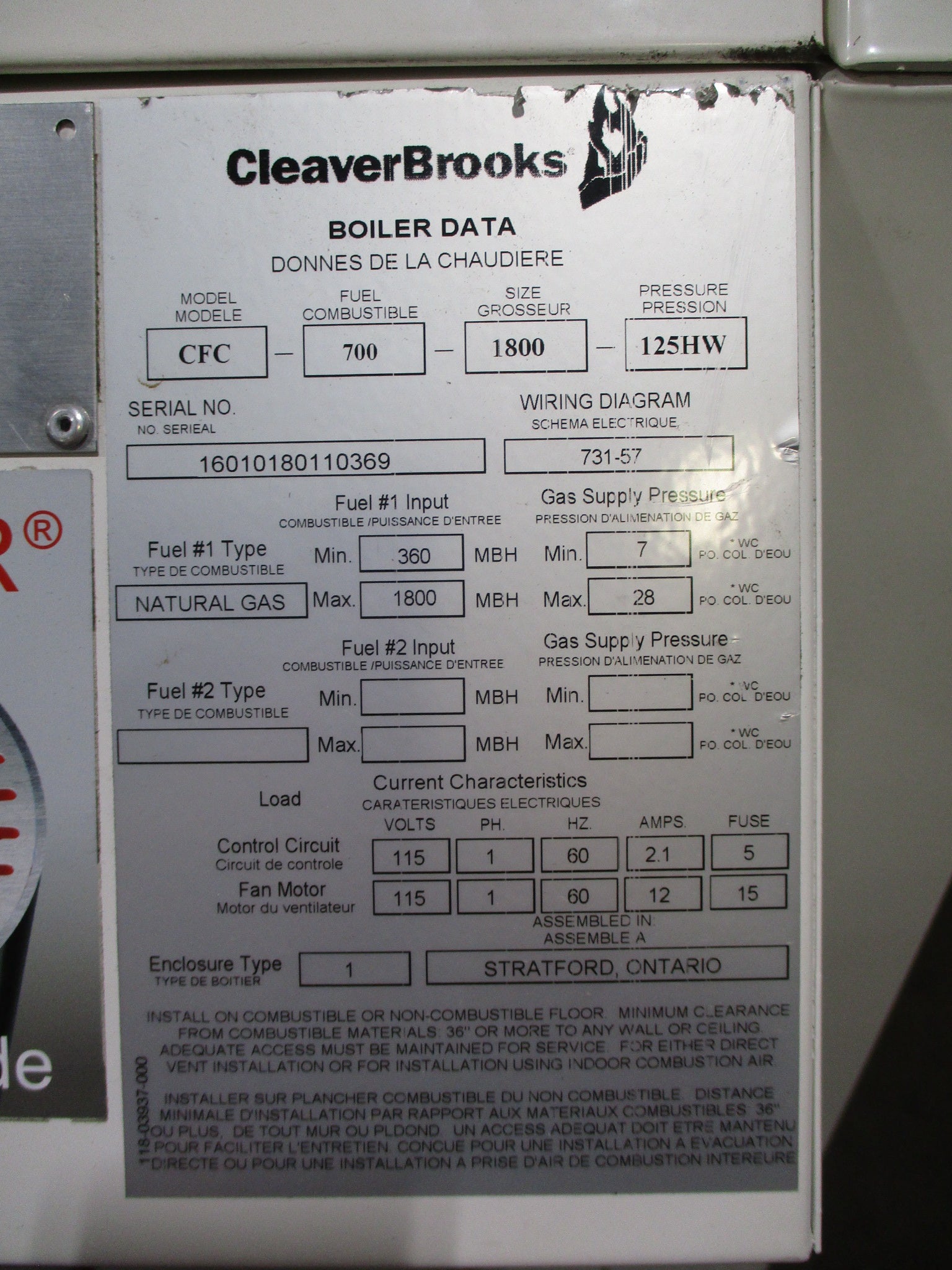Cleaver Brooks ClearFire-C Firetube Boiler CFC-700-1800-125HW 115V 1Ph 60Hz Used