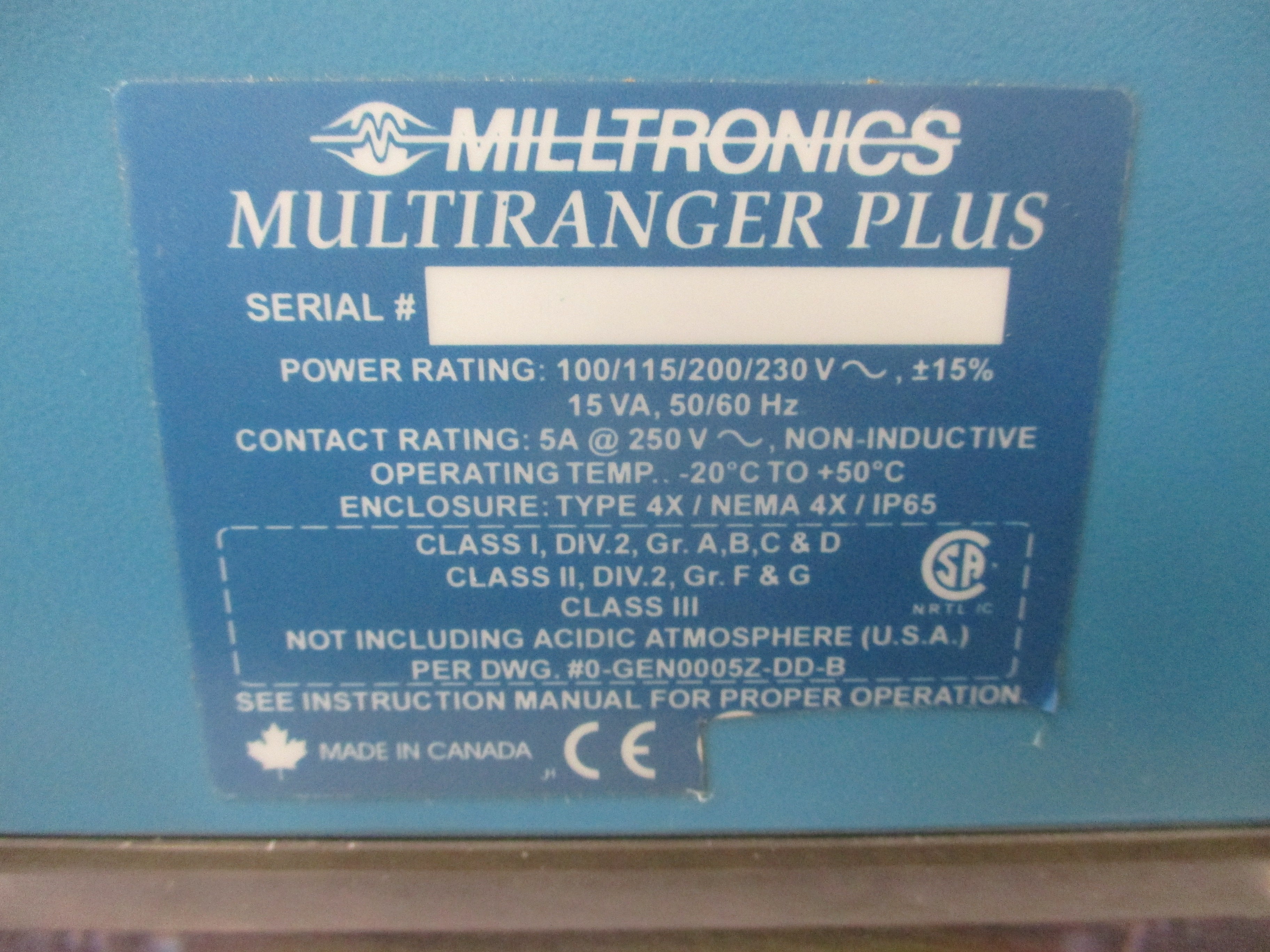 Milltronics MultiRanger Pluse Level Control MULTIRANGER-PLUS 100-230V 15VA 50/60Hz 4X Enclosure W/Keypad Used