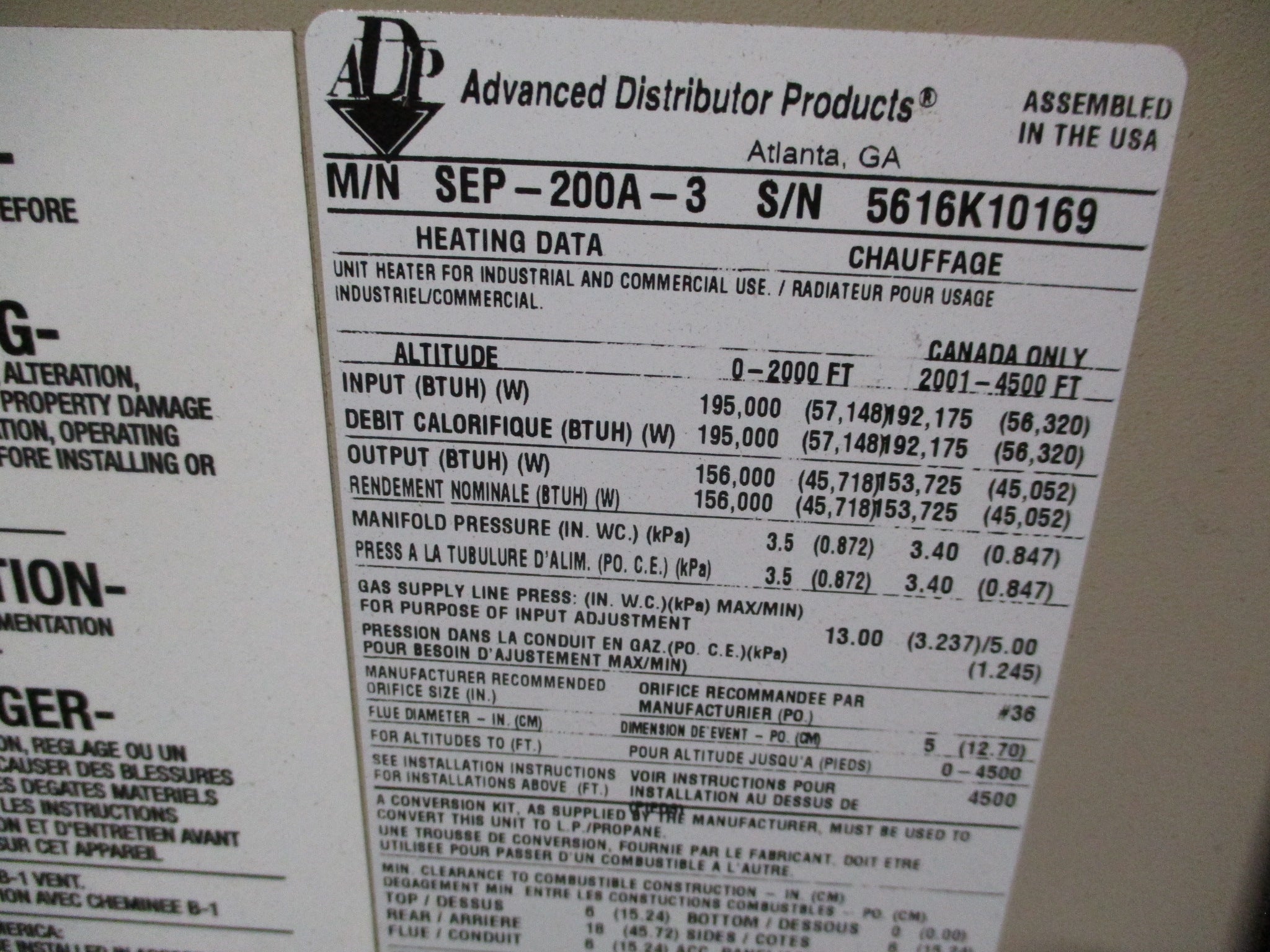 ADP Natural Gas Heater SEP-200A-3 195,000BTU Input Power Vented Used