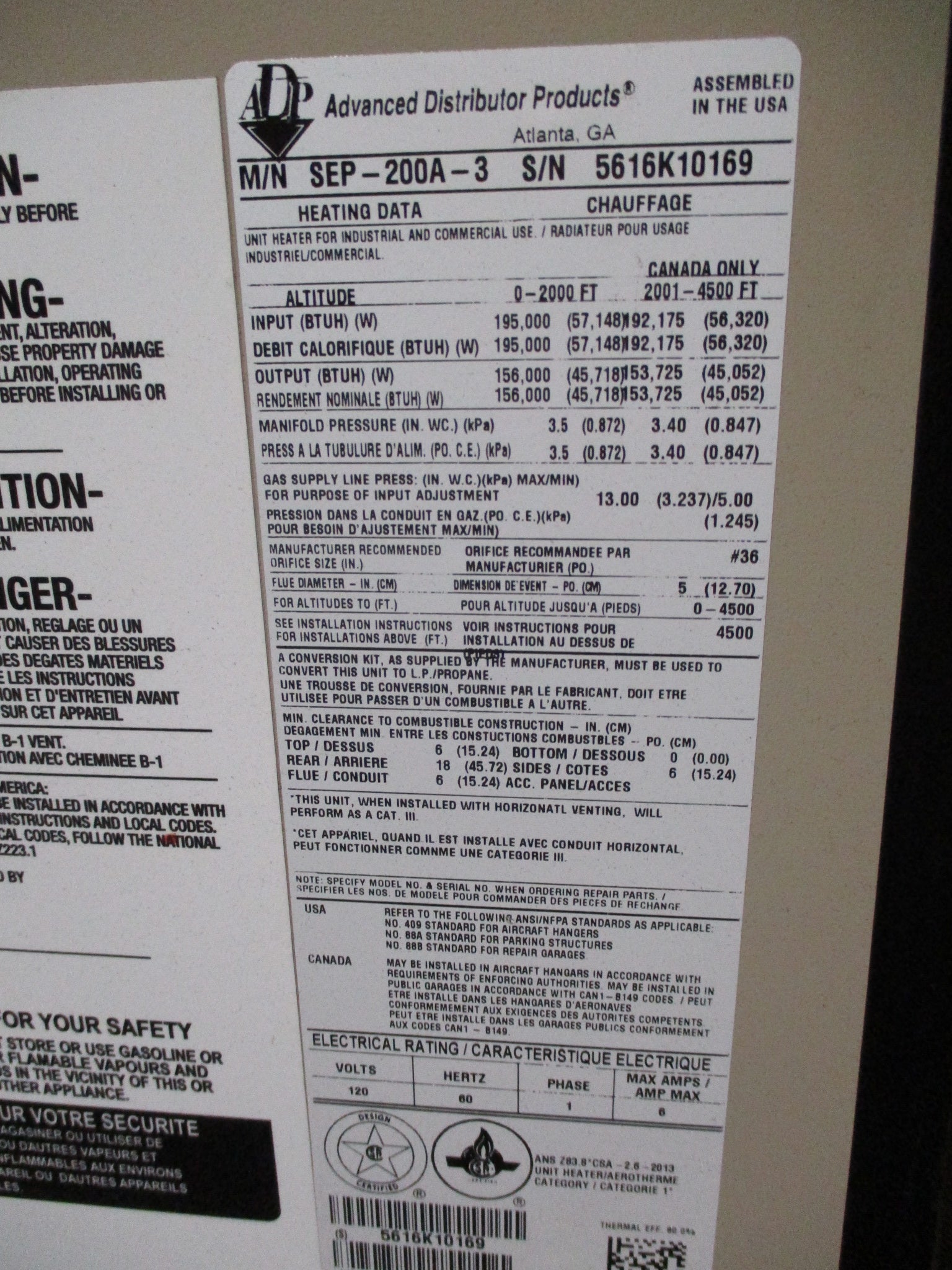ADP Natural Gas Heater SEP-200A-3 195,000BTU Input Power Vented Used