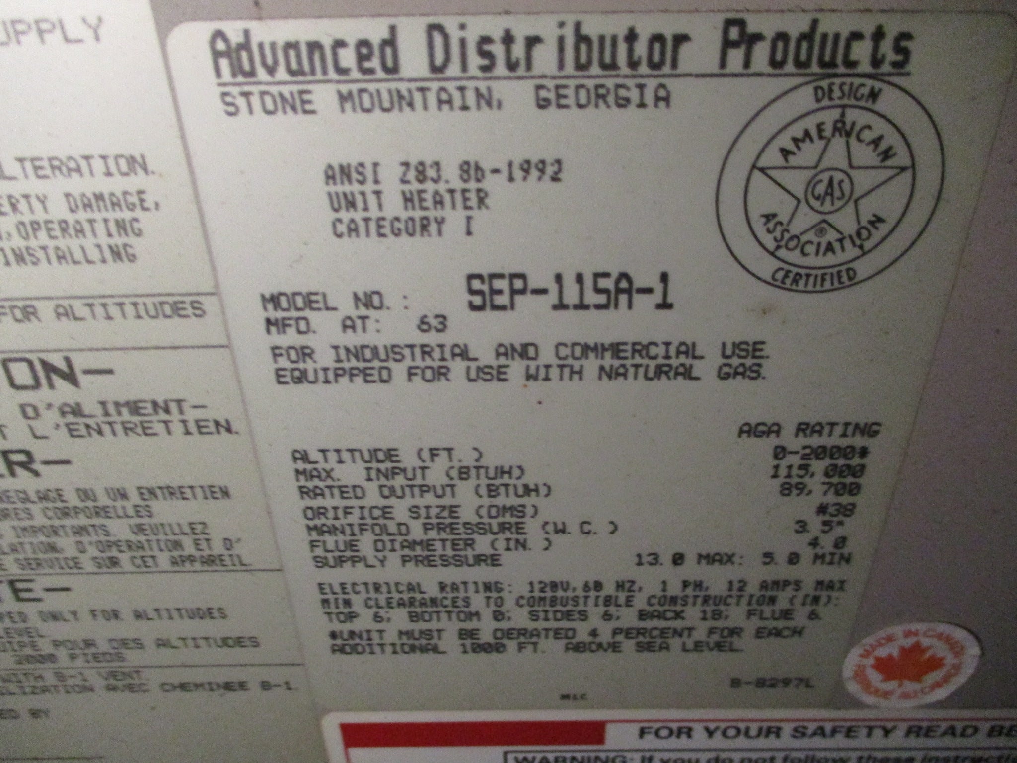 ADP Natural Gas Heater SEP-115A-1 120V 60Hz 1Ph 12A Power Vented *Dented Side*