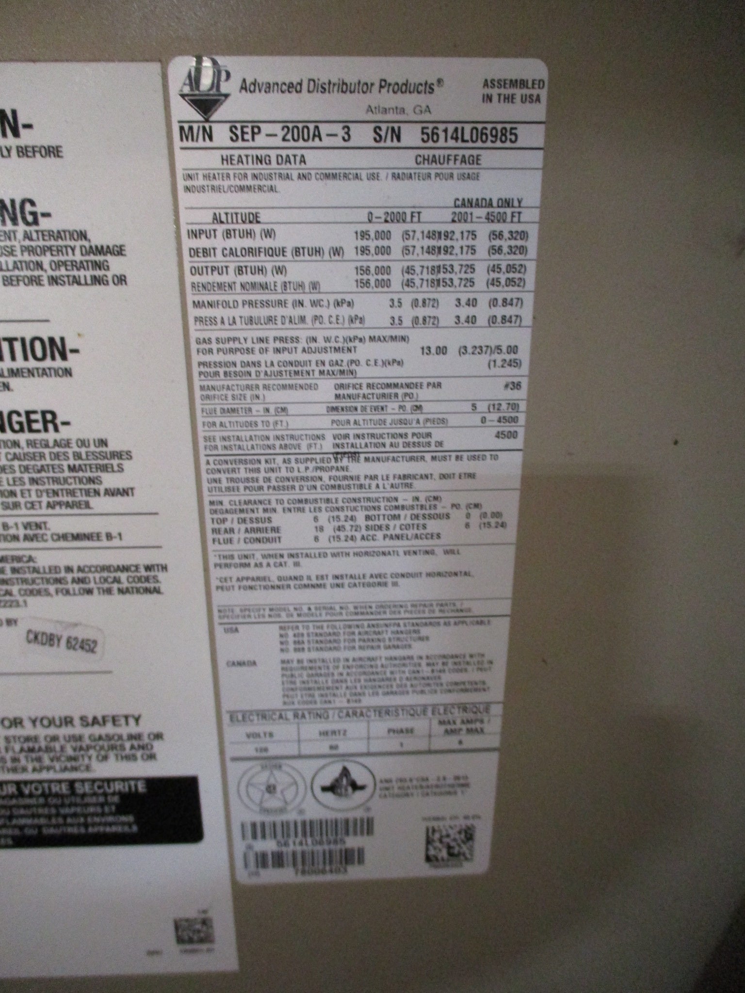 ADP Natural Gas Heater SEP-200A-3 Power Vented Used