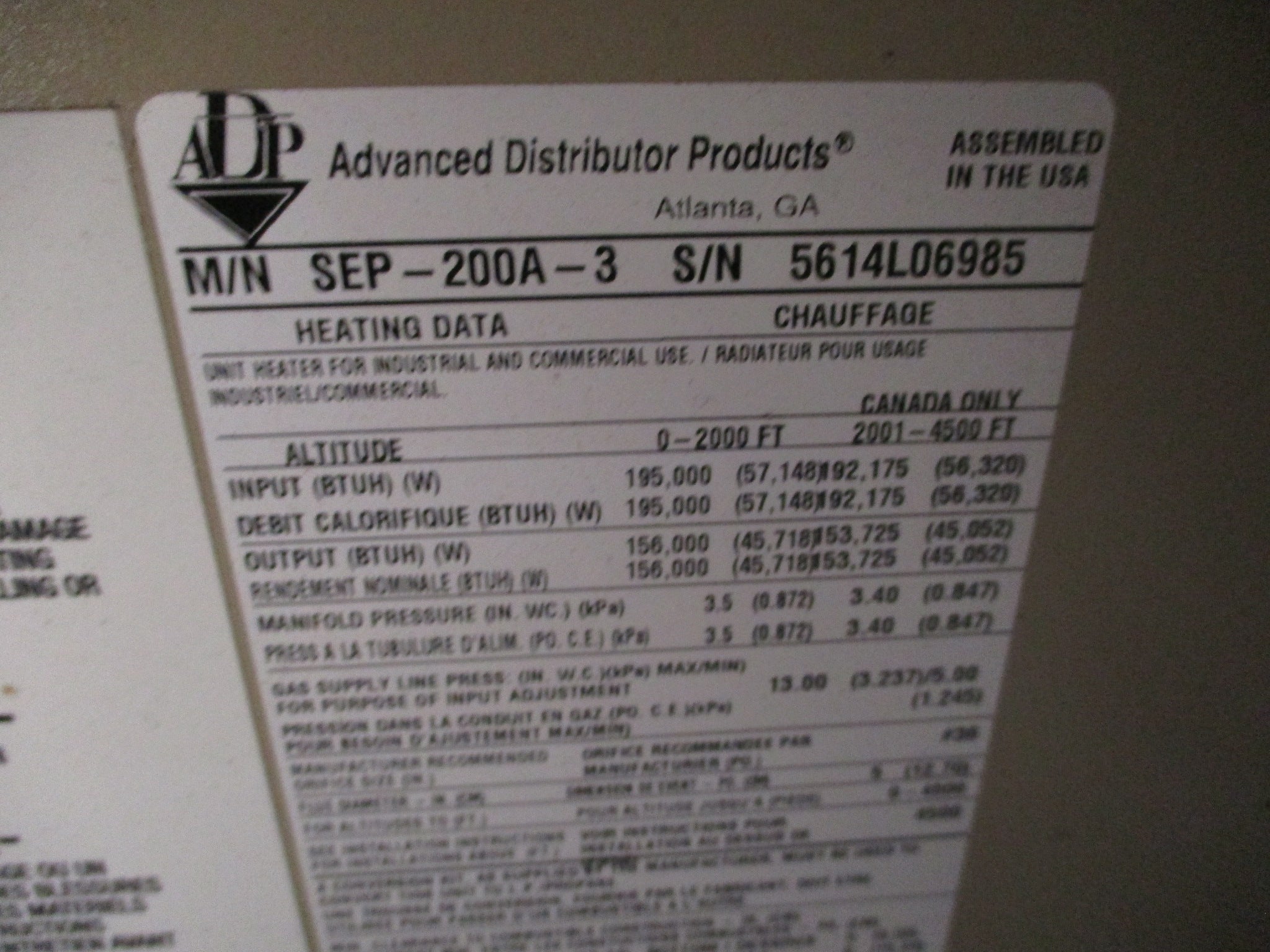 ADP Natural Gas Heater SEP-200A-3 Power Vented Used