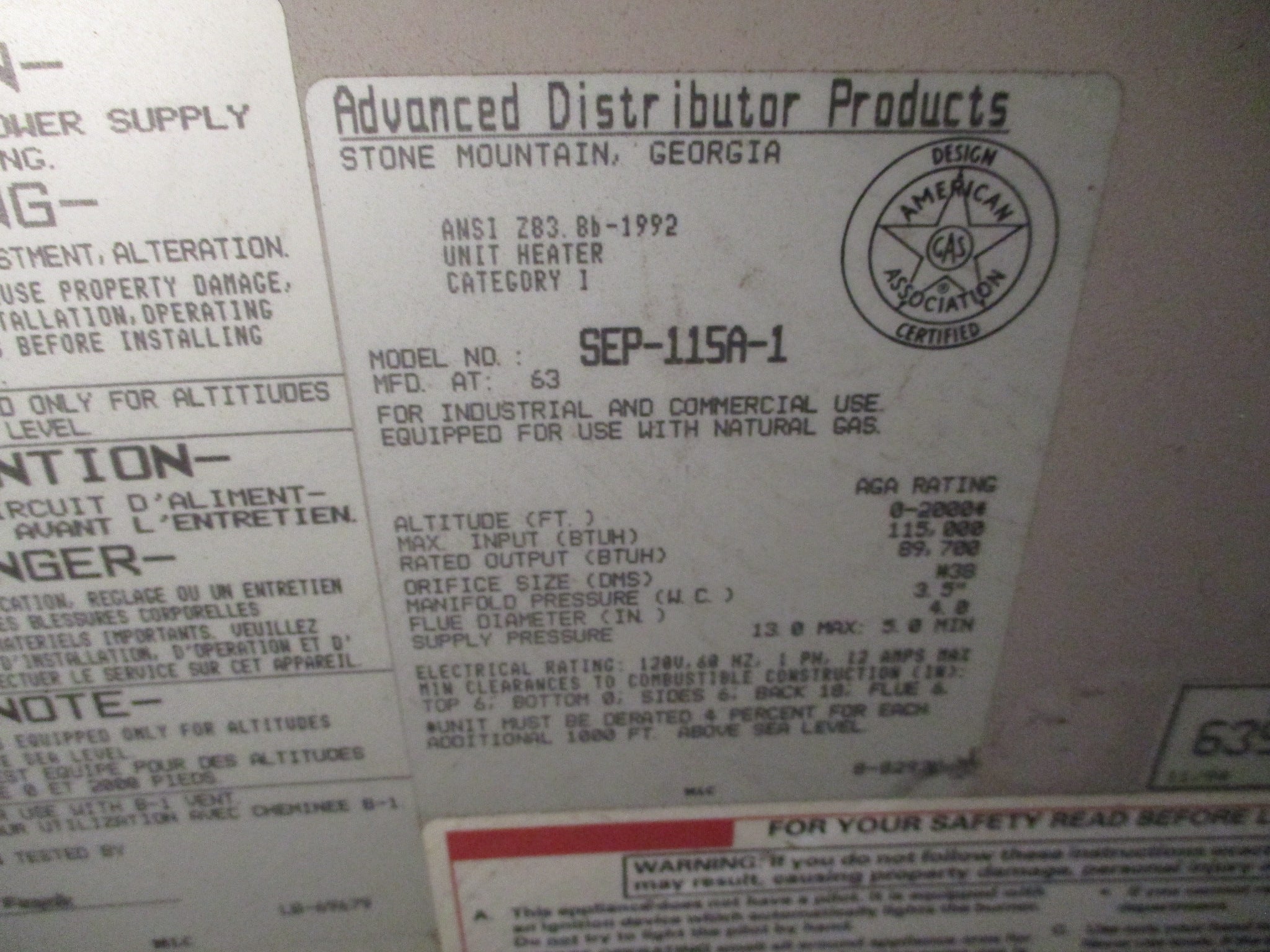 ADP Natural Gas Heater SEP-115A-1 120V 60Hz 1Ph 12A *Dented Side* Used