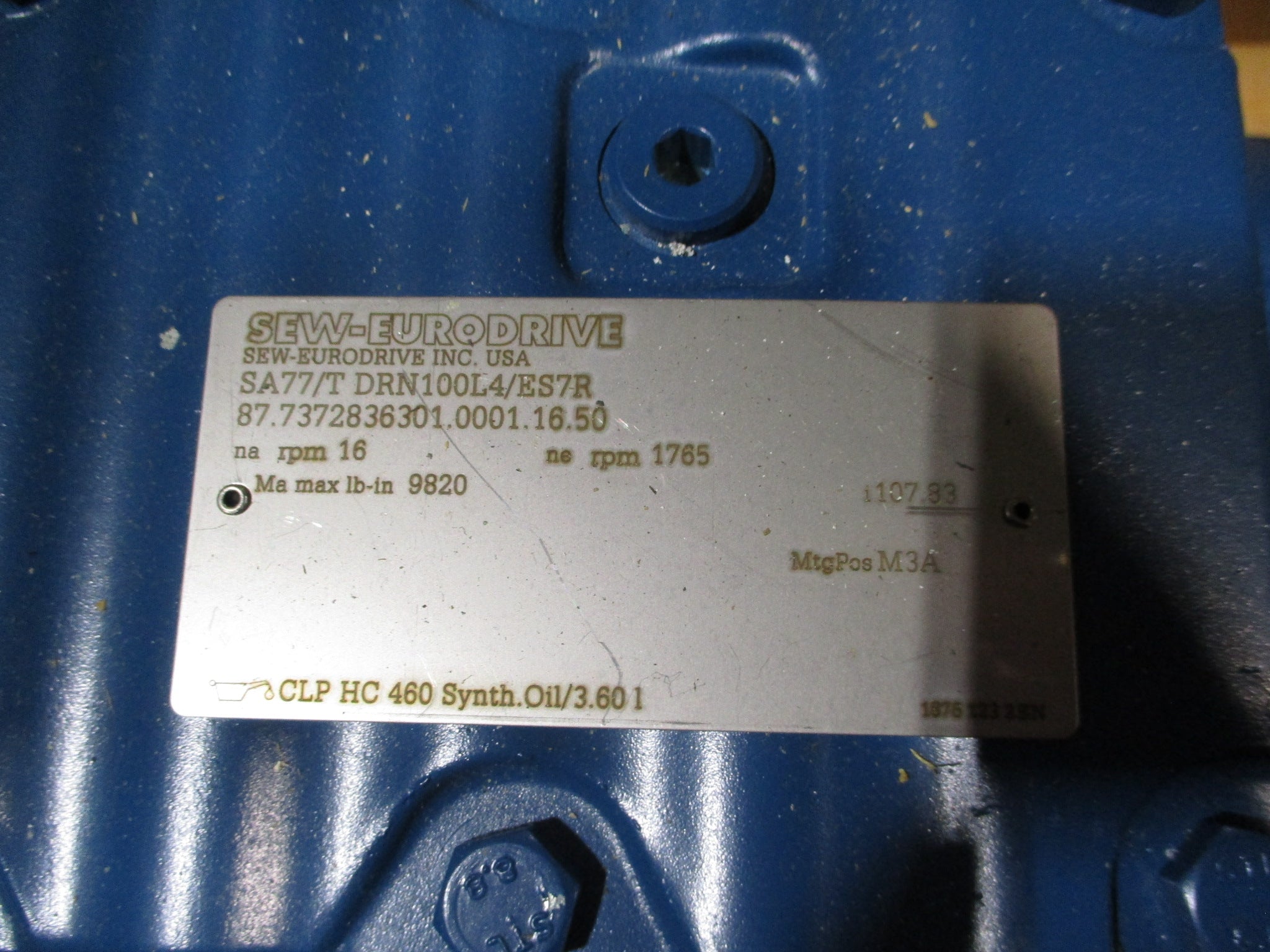 Sew-Eurodrive Gearmotor SA77/T DRN100L4/ES7R 3HP 16 RPM Output 230/460V 60Hz 3Ph